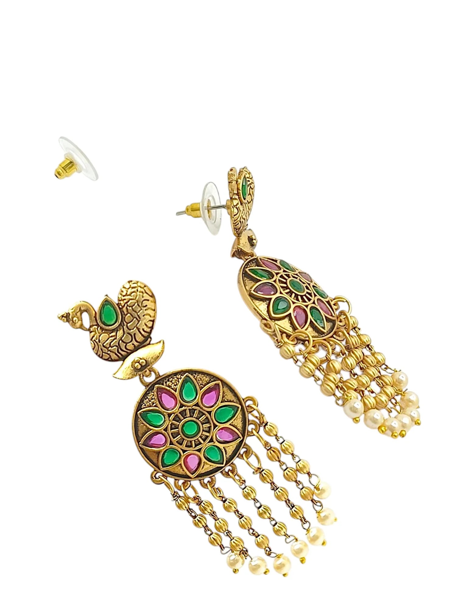 Gold Plated Stone-Studded Peacock Design Drop Earrings