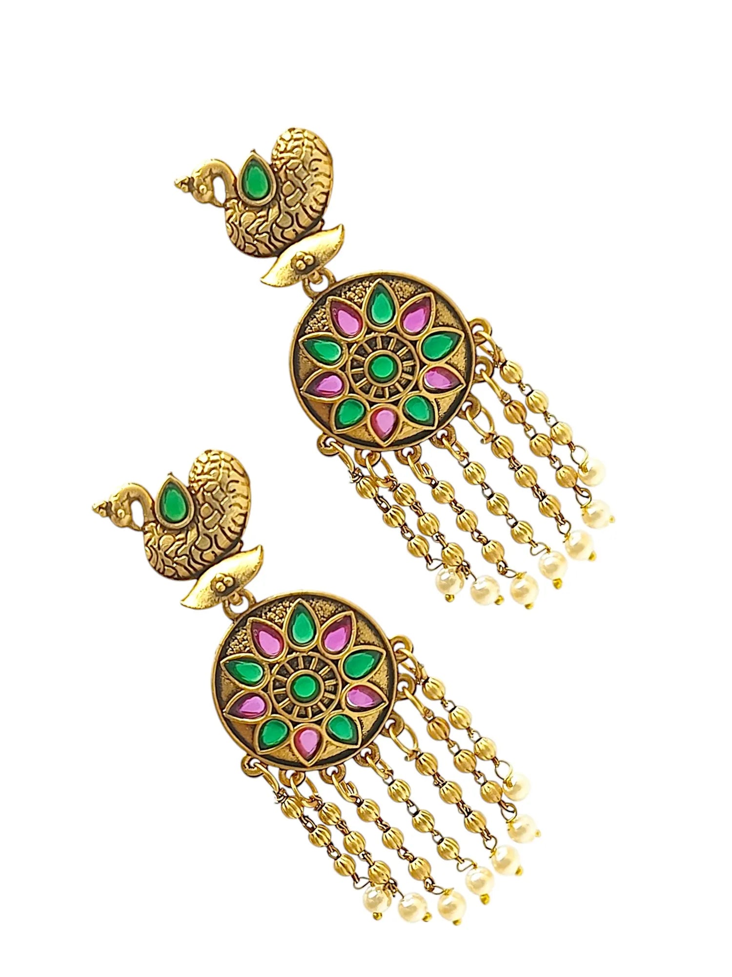 Gold Plated Stone-Studded Peacock Design Drop Earrings