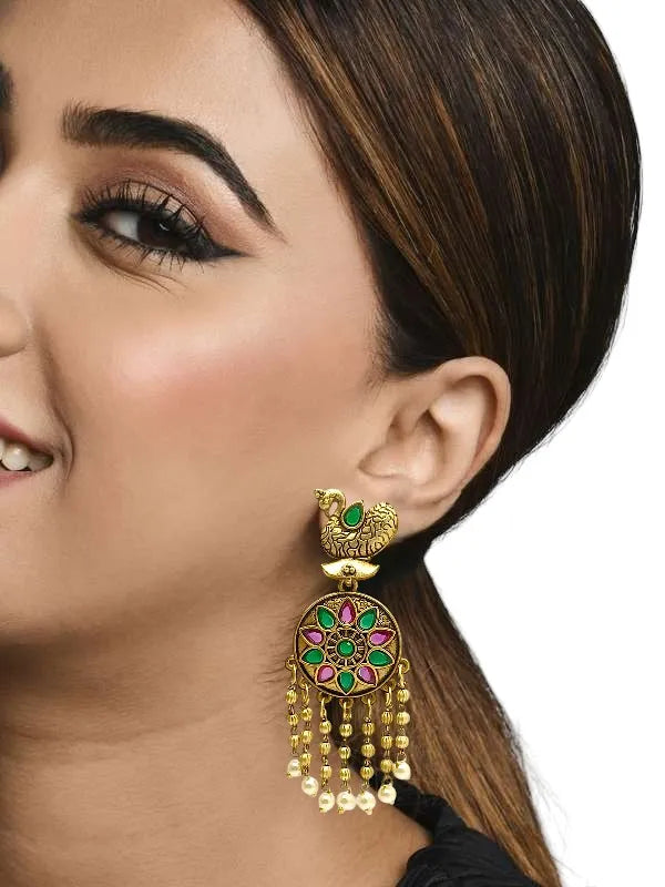Gold Plated Stone-Studded Peacock Design Drop Earrings