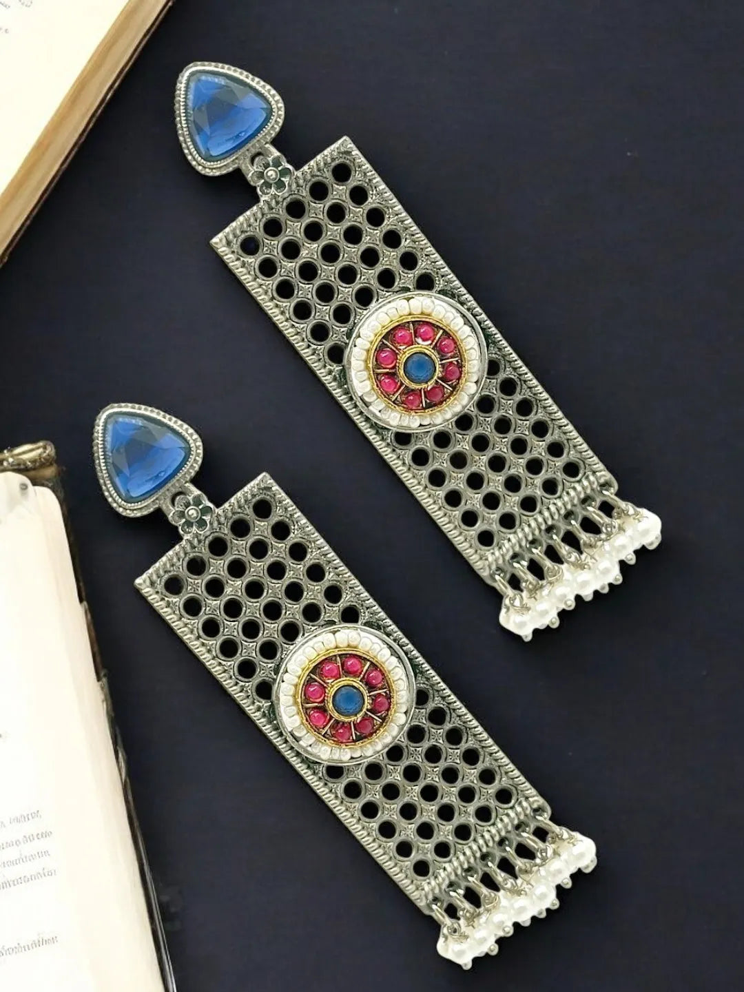 Silver Plated Stone Studded & Beaded Classic Drop Earrings