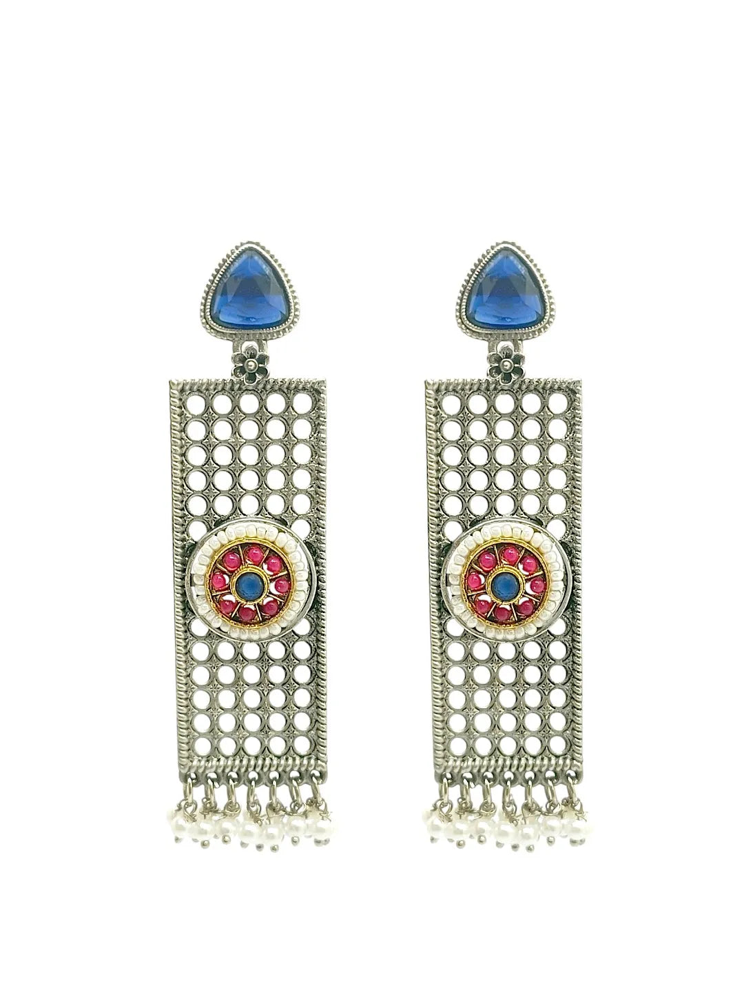 Silver Plated Stone Studded & Beaded Classic Drop Earrings