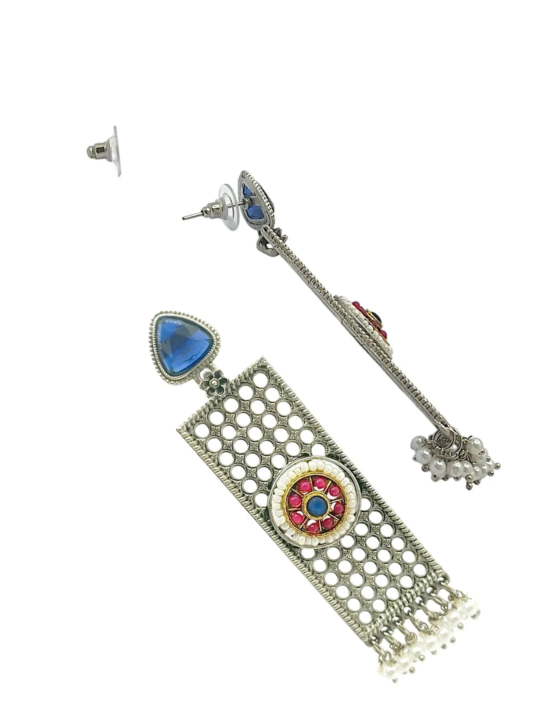 Silver Plated Stone Studded & Beaded Classic Drop Earrings