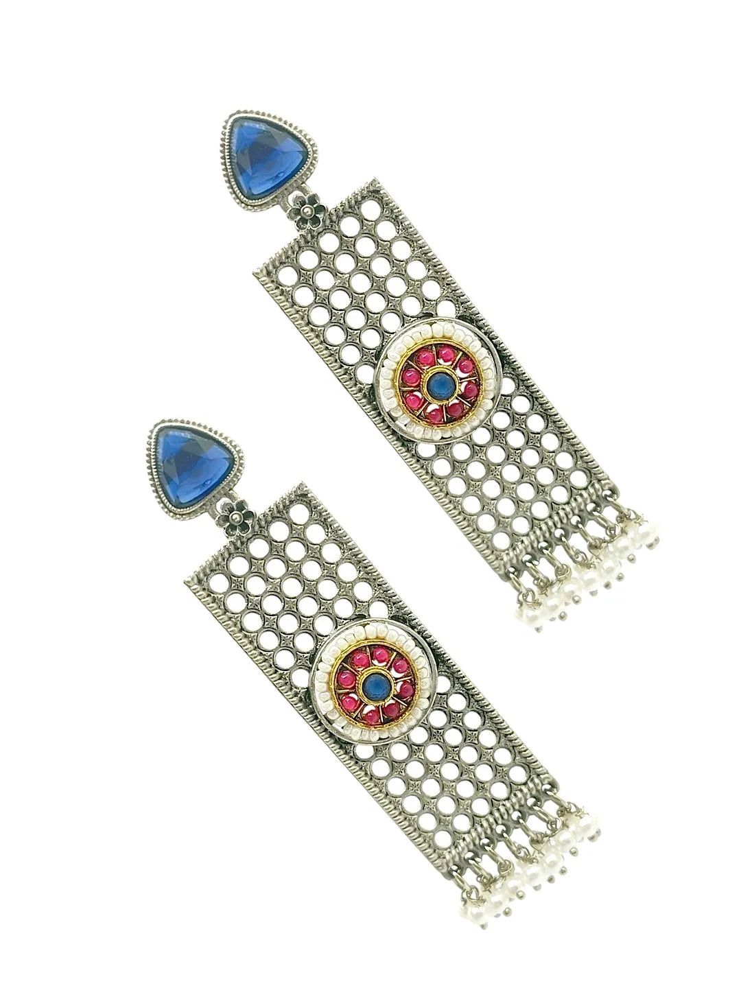 Silver Plated Stone Studded & Beaded Classic Drop Earrings
