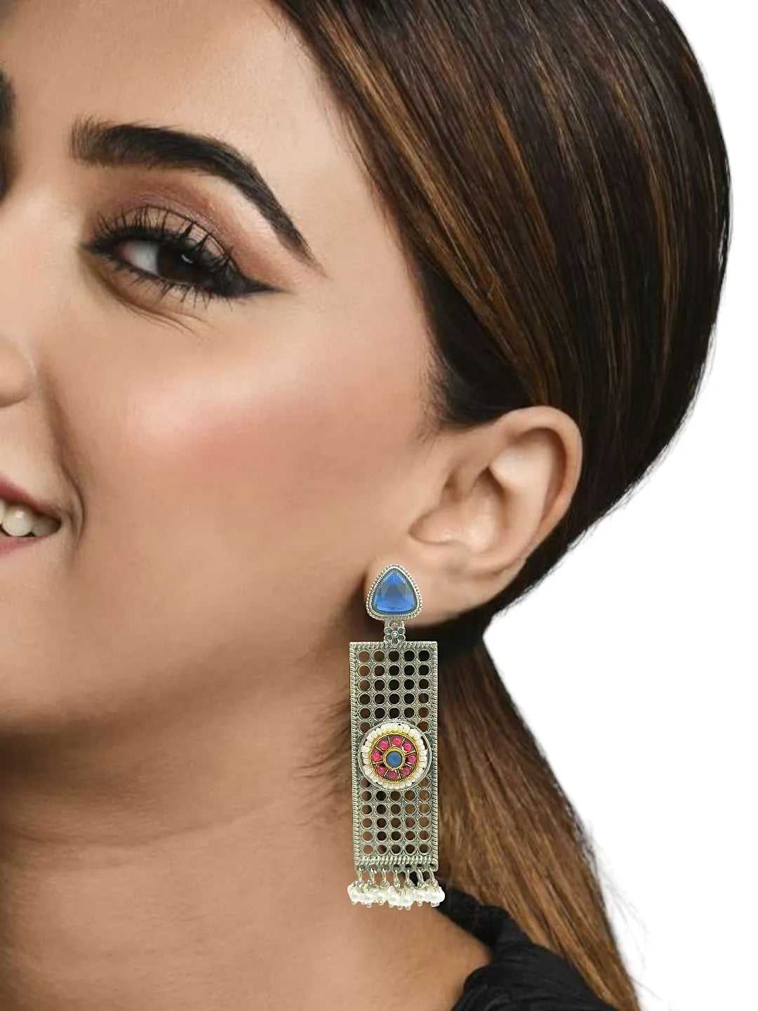 Silver Plated Stone Studded & Beaded Classic Drop Earrings