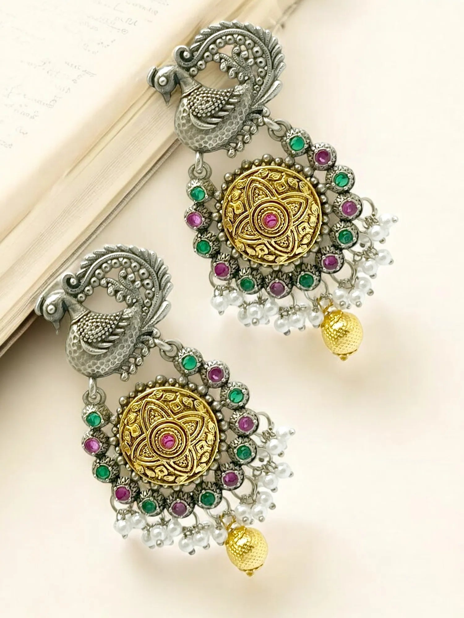 Silver Plated Peacock Design Stone Studded & Beaded  Drop Earrings