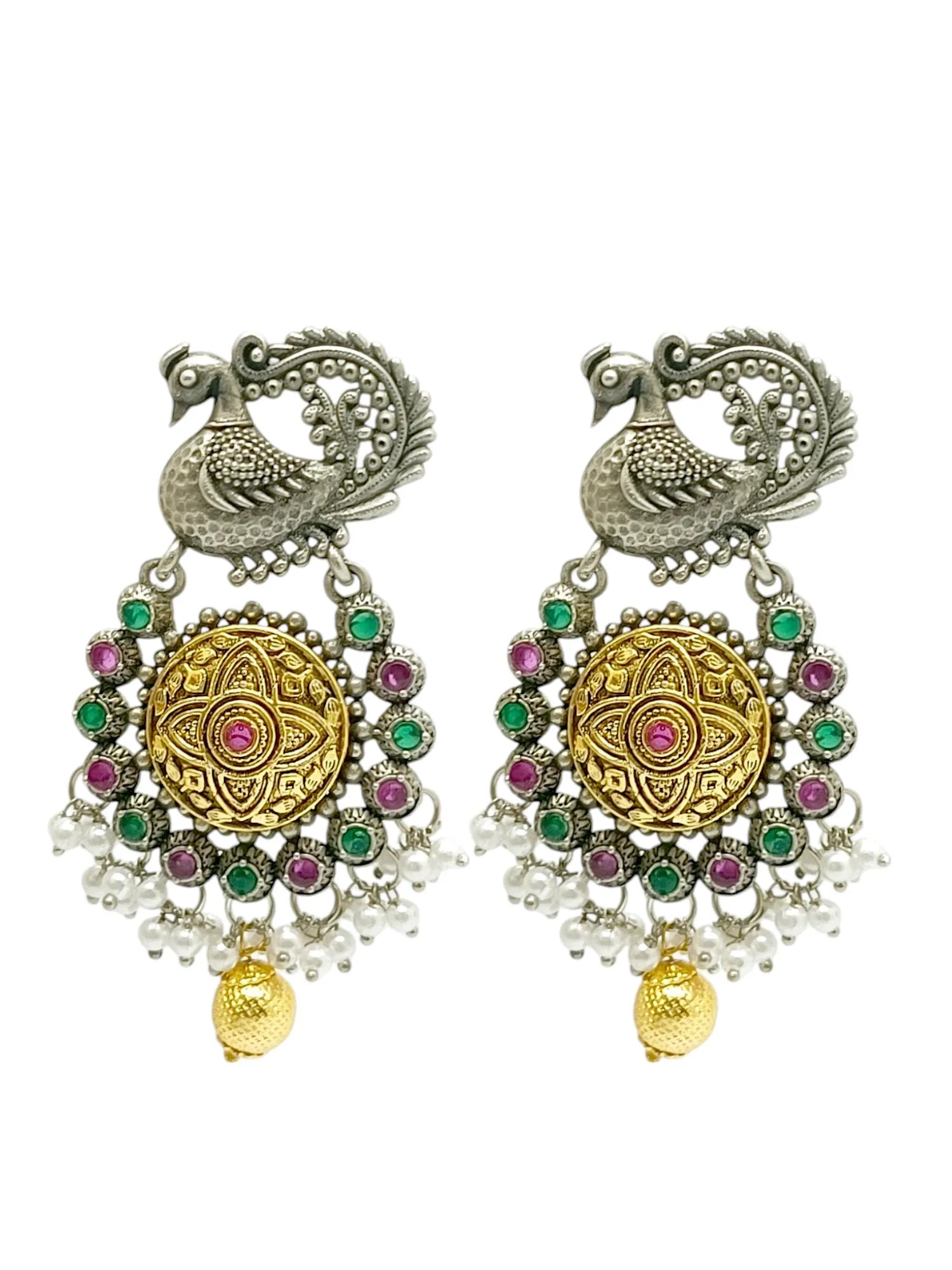 Silver Plated Peacock Design Stone Studded & Beaded  Drop Earrings