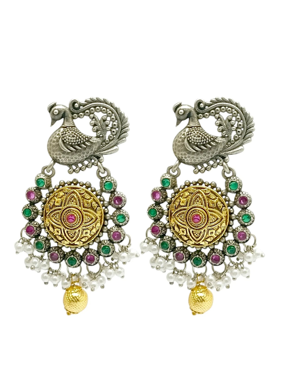 Silver Plated Peacock Design Stone Studded & Beaded  Drop Earrings