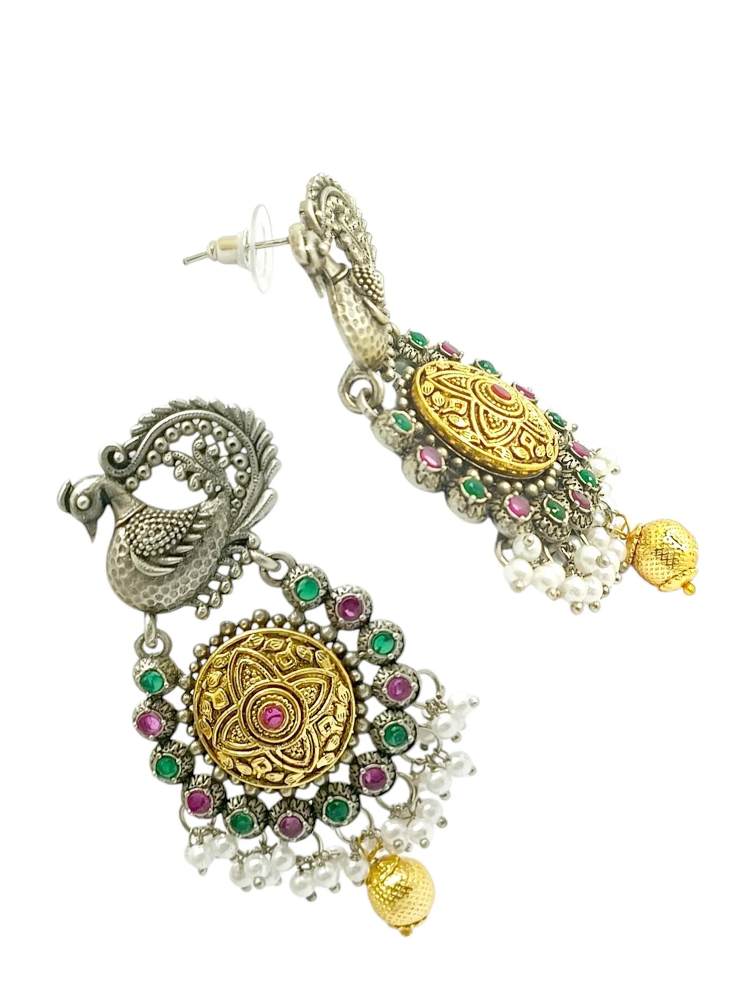 Silver Plated Peacock Design Stone Studded & Beaded  Drop Earrings