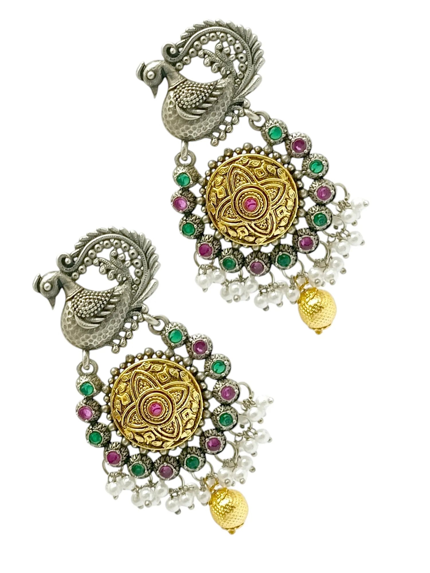 Silver Plated Peacock Design Stone Studded & Beaded  Drop Earrings