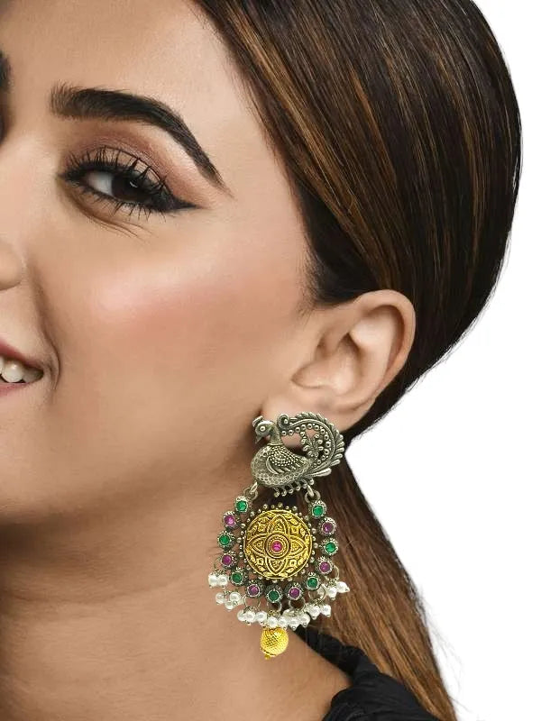 Silver Plated Peacock Design Stone Studded & Beaded  Drop Earrings