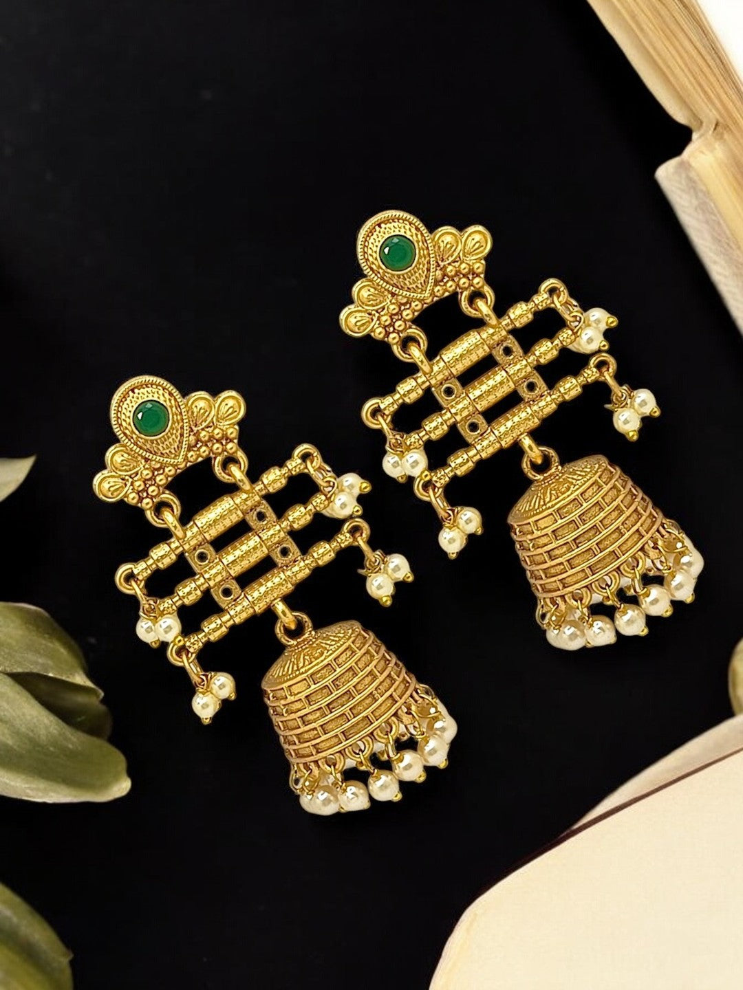 Gold Plated Stone Studded & Beaded Contemporary Jhumka Earrings