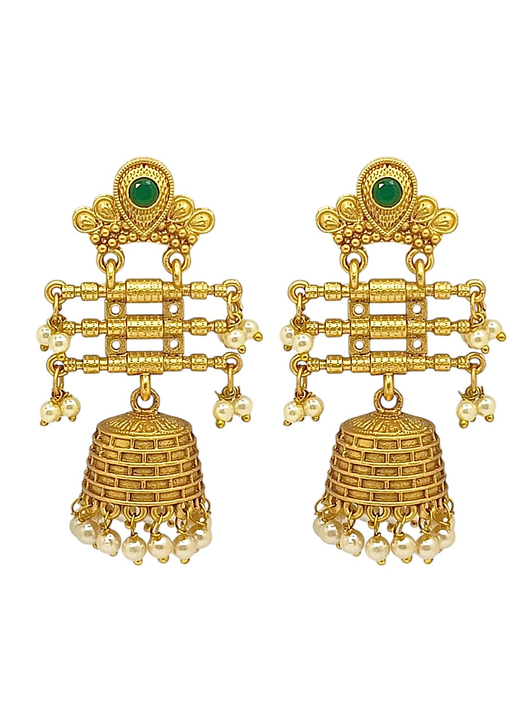 Gold Plated Stone Studded & Beaded Contemporary Jhumka Earrings