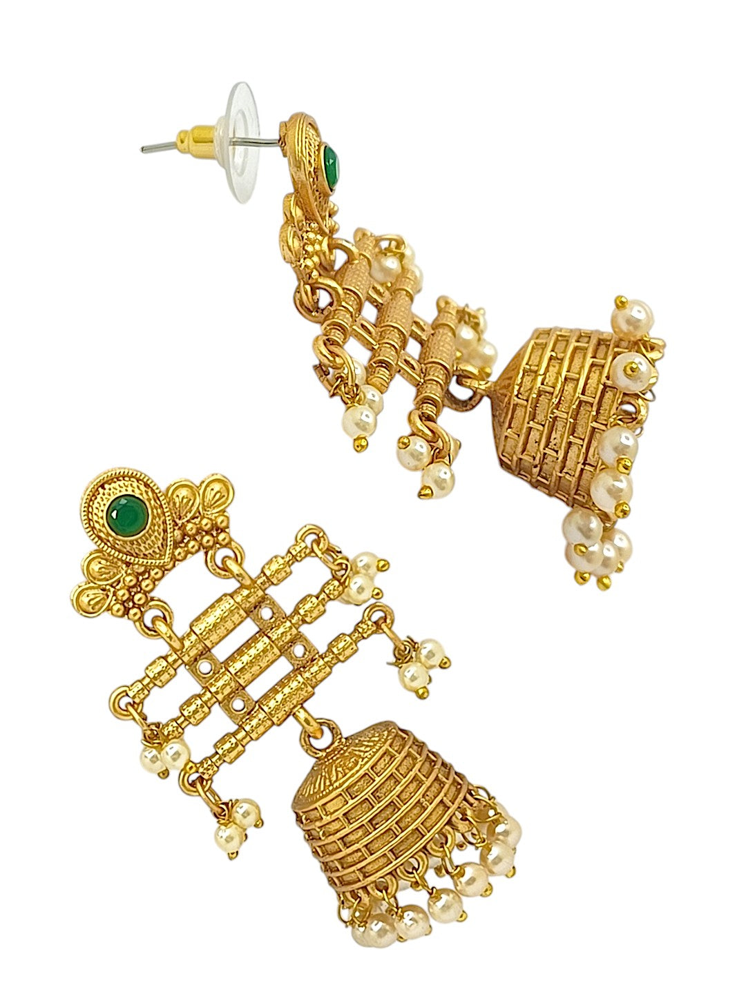 Gold Plated Stone Studded & Beaded Contemporary Jhumka Earrings
