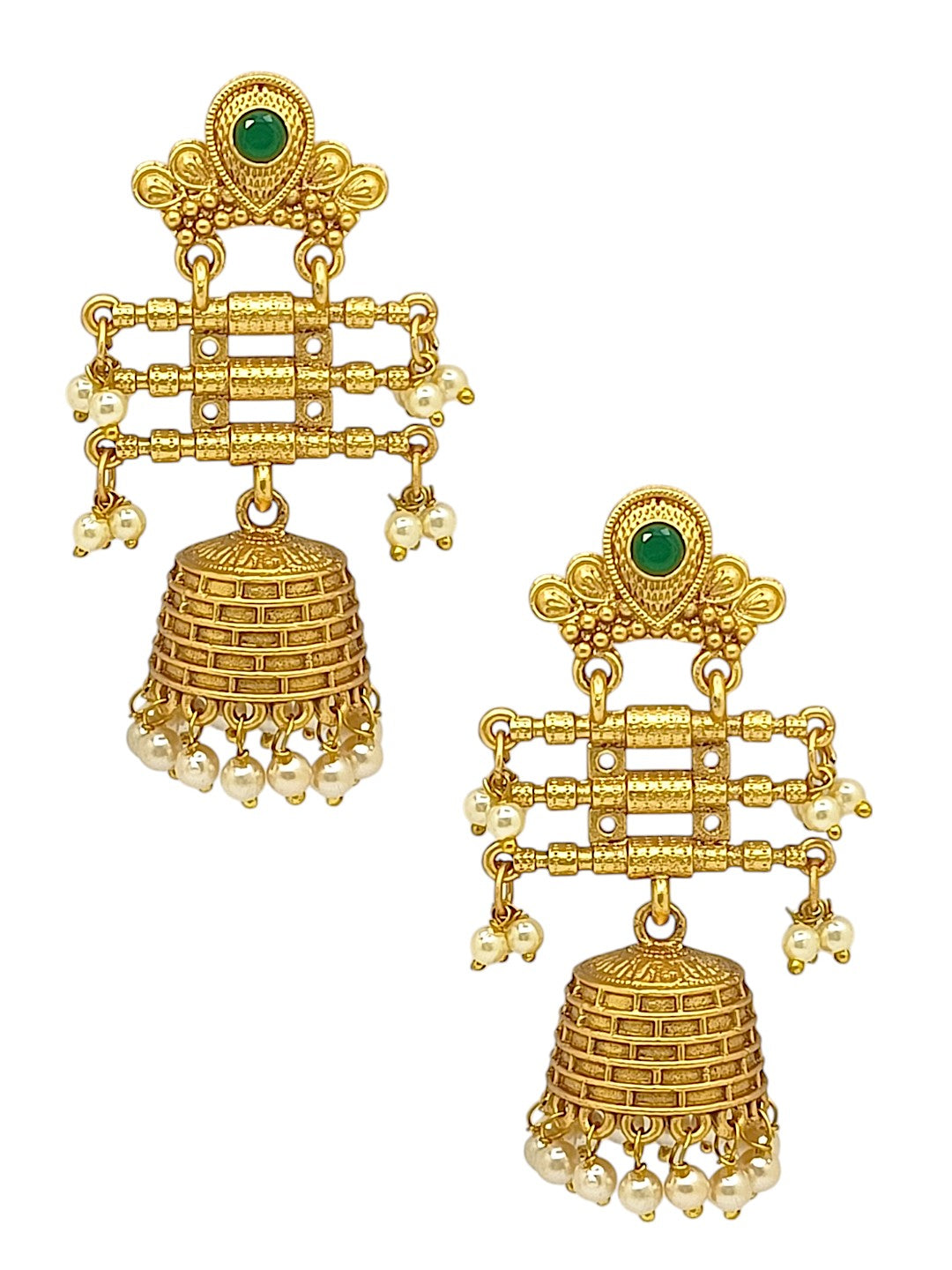 Gold Plated Stone Studded & Beaded Contemporary Jhumka Earrings