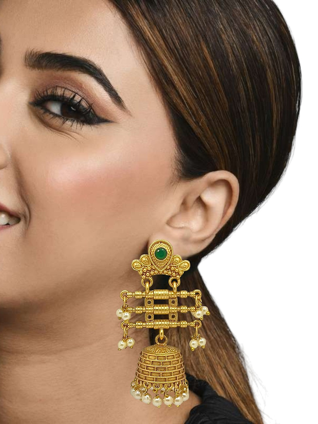 Gold Plated Stone Studded & Beaded Contemporary Jhumka Earrings