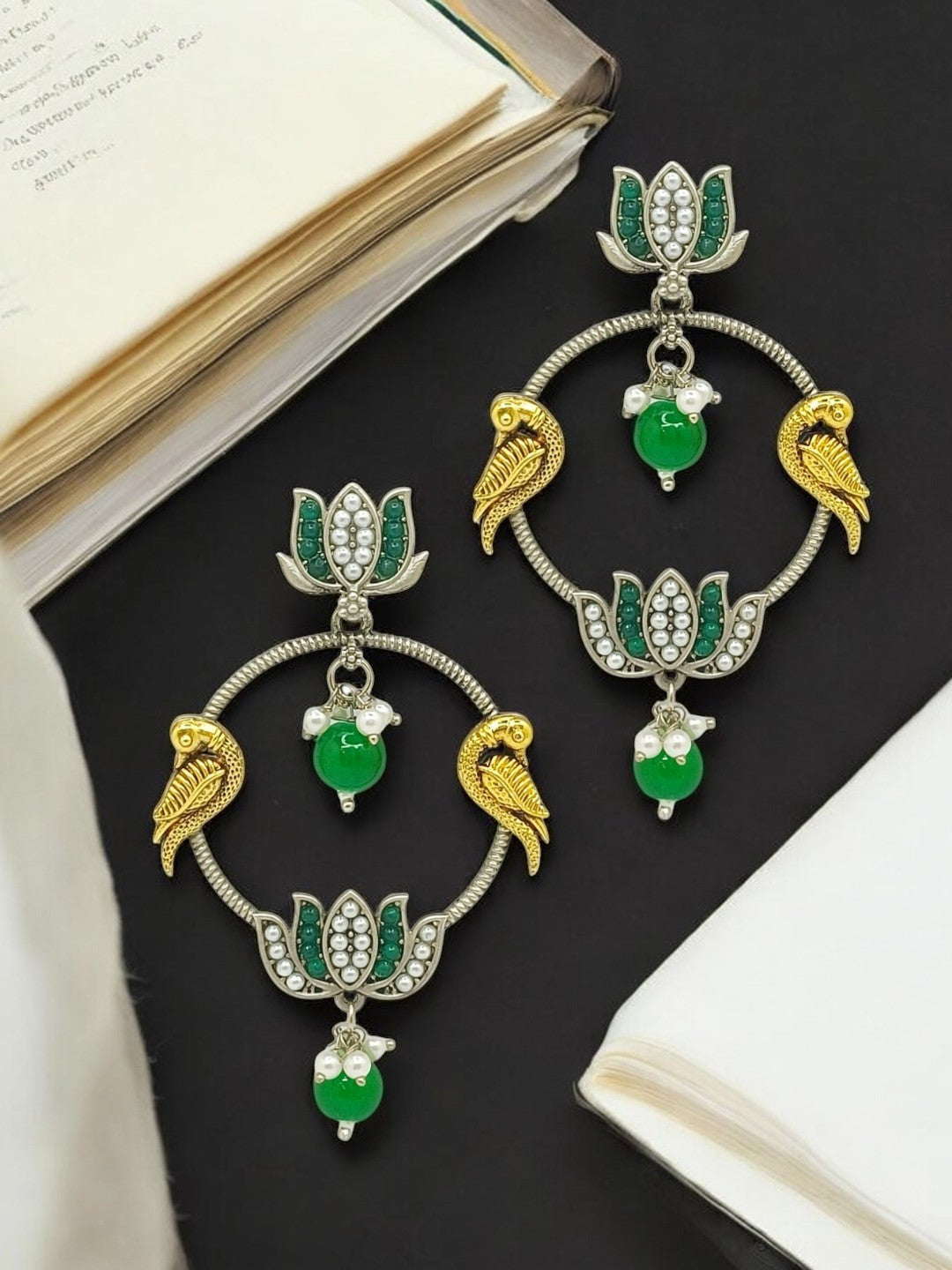 Silver Plated Kundan Studded Lotus Tribal Drop Earrings