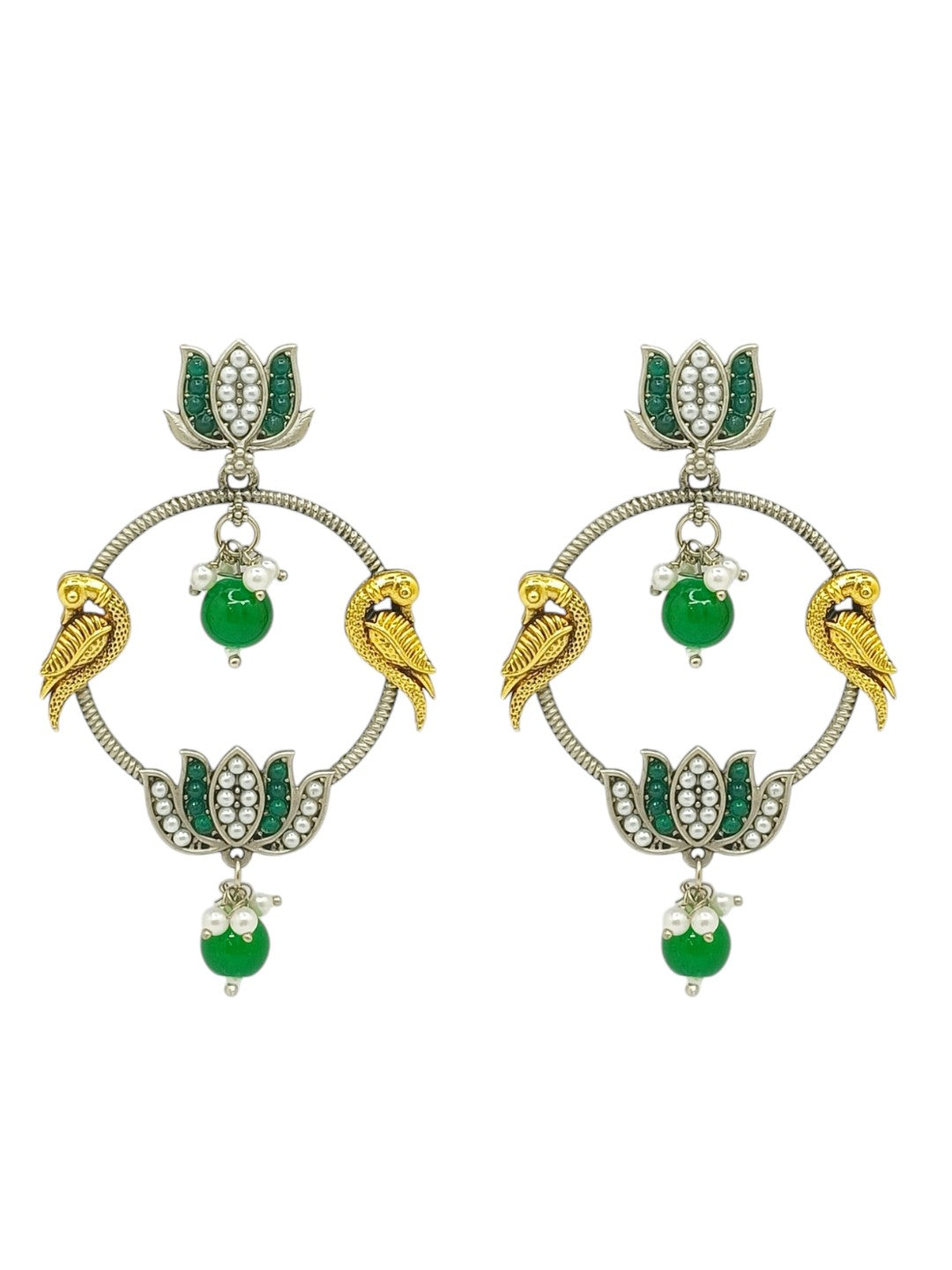 Silver Plated Kundan Studded Lotus Tribal Drop Earrings
