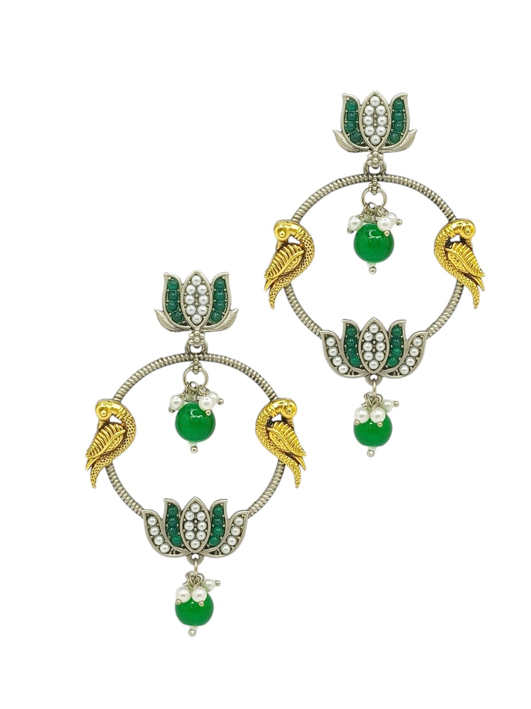 Silver Plated Kundan Studded Lotus Tribal Drop Earrings