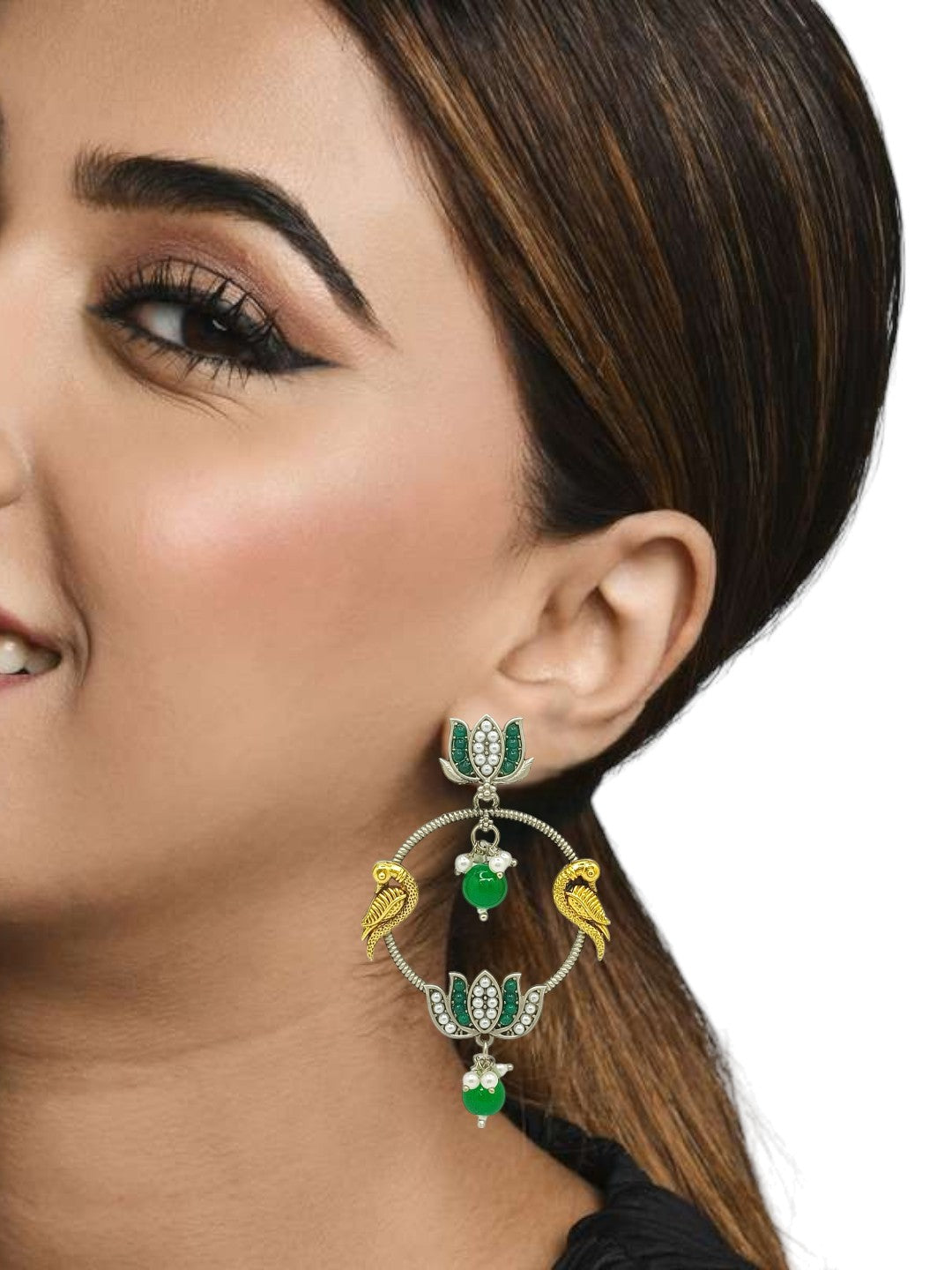 Silver Plated Kundan Studded Lotus Tribal Drop Earrings