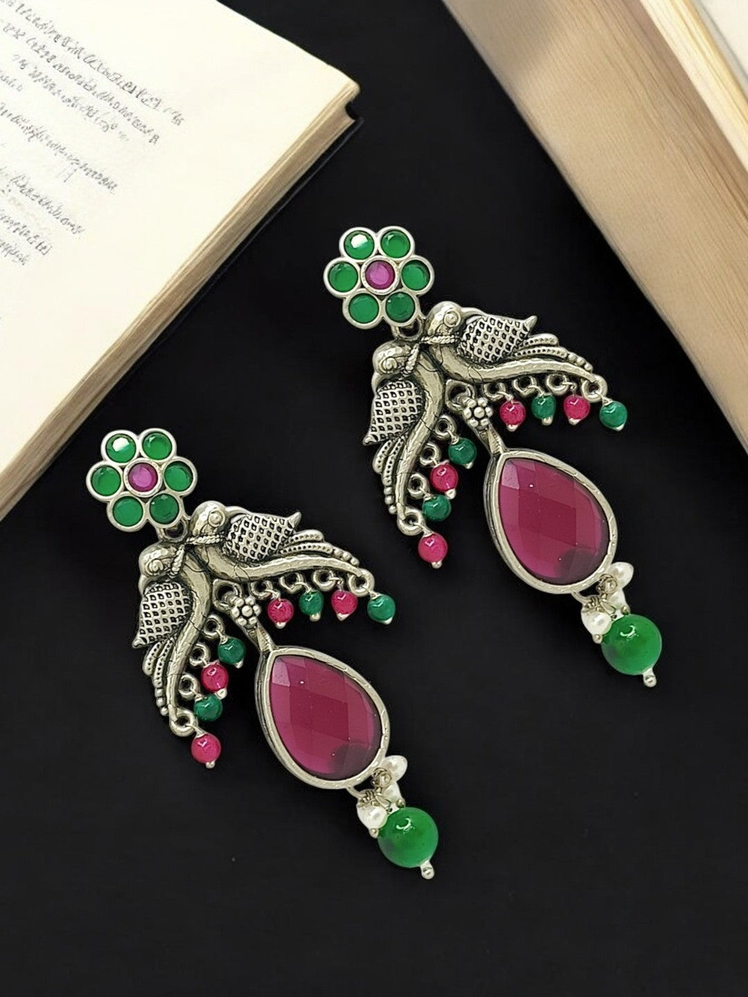 Silver Plated Parrot Design Artificial Stone Drop Earrings