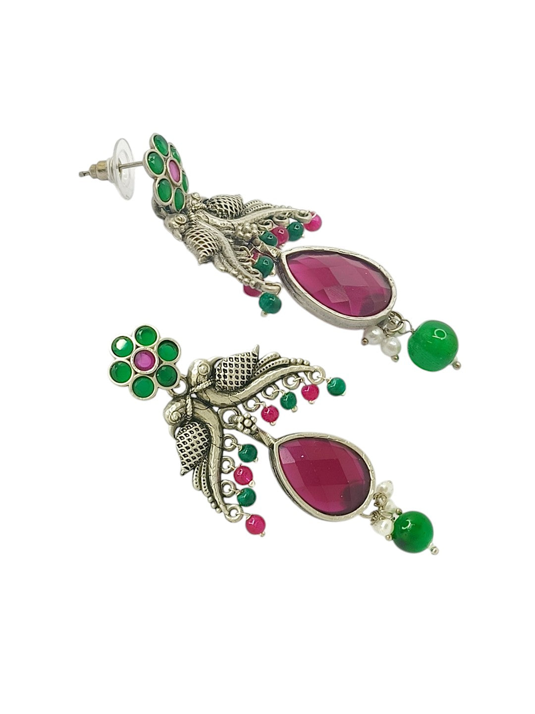 Silver Plated Parrot Design Artificial Stone Drop Earrings