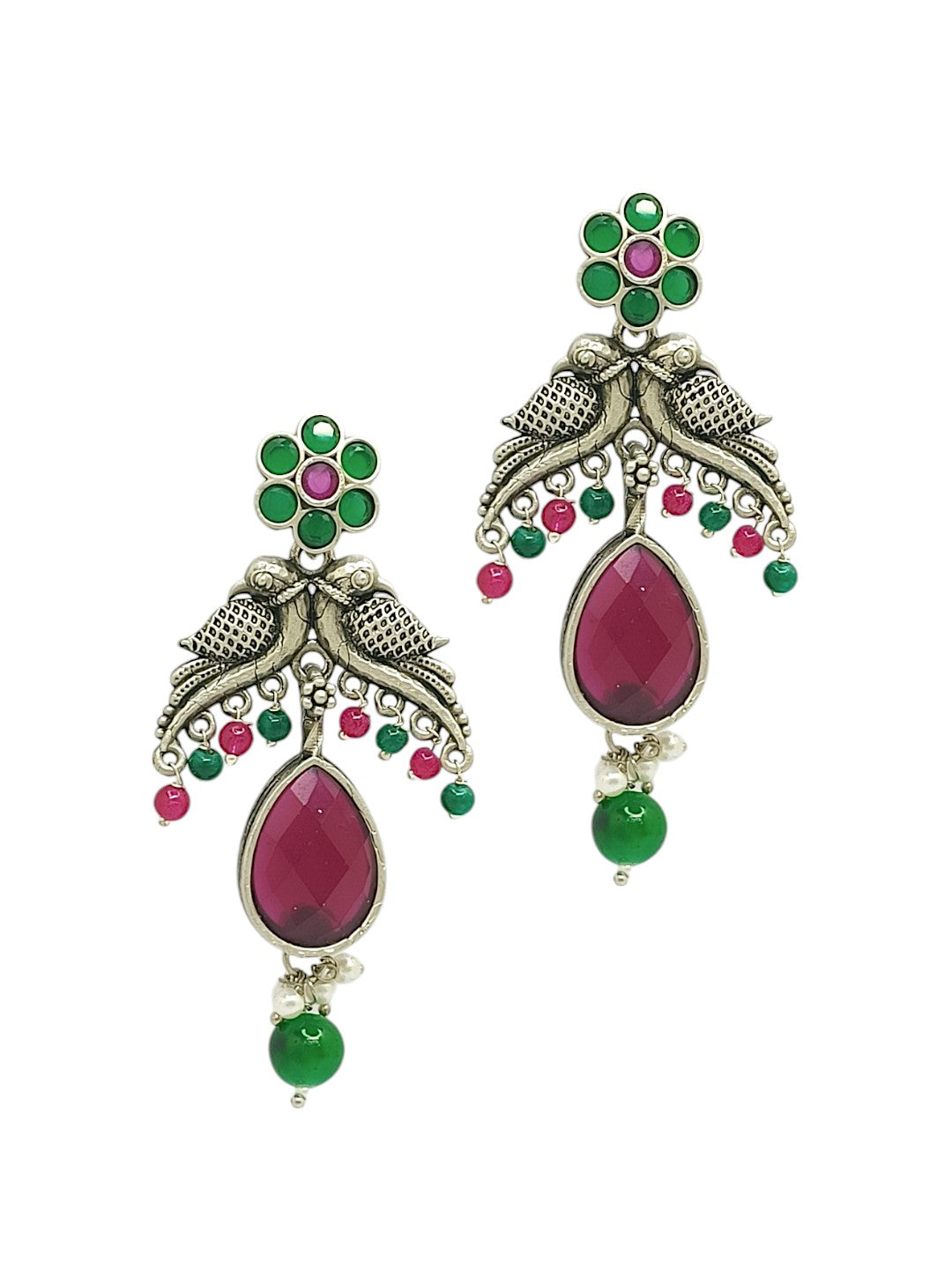 Silver Plated Parrot Design Artificial Stone Drop Earrings