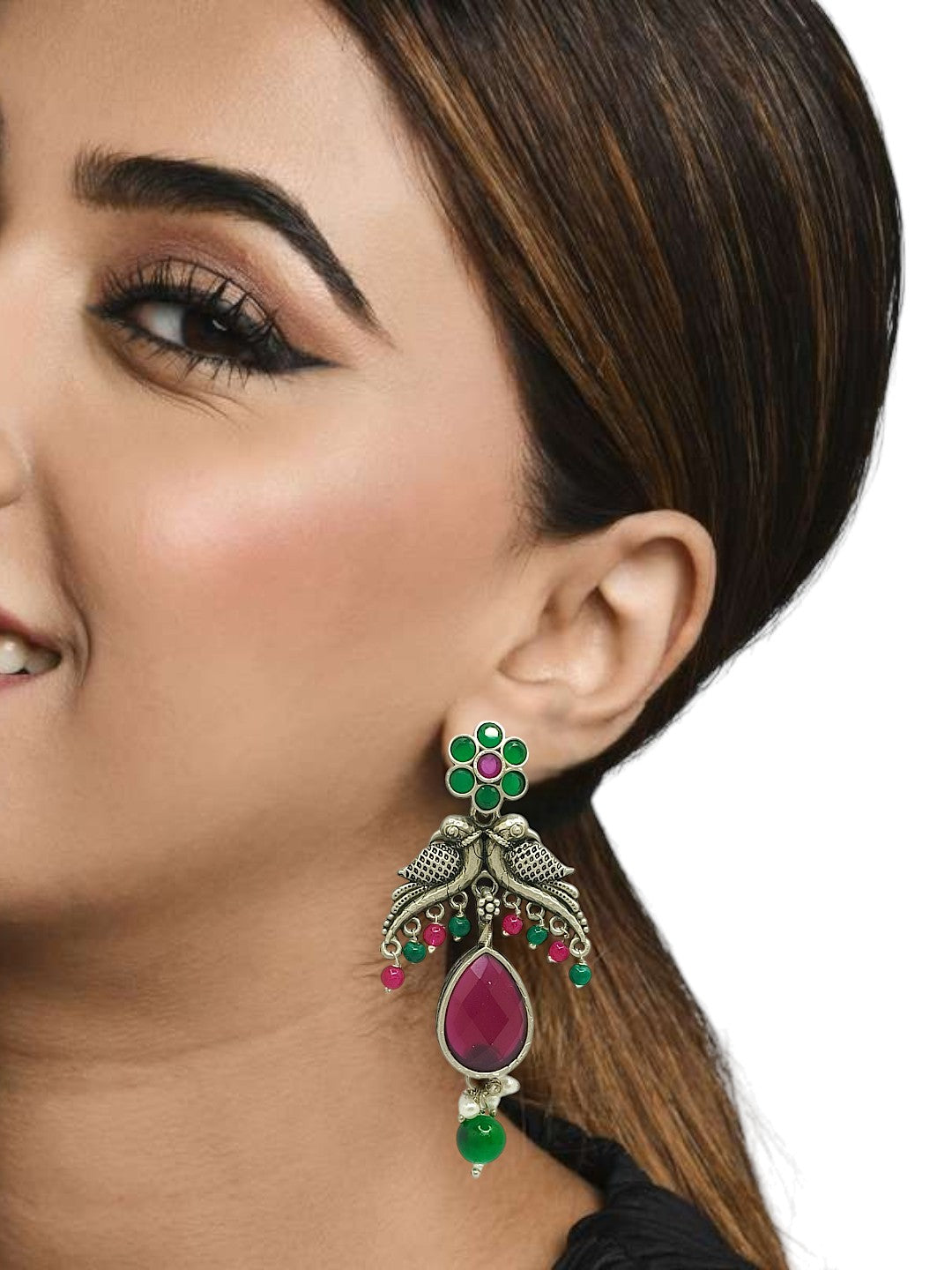 Silver Plated Parrot Design Artificial Stone Drop Earrings