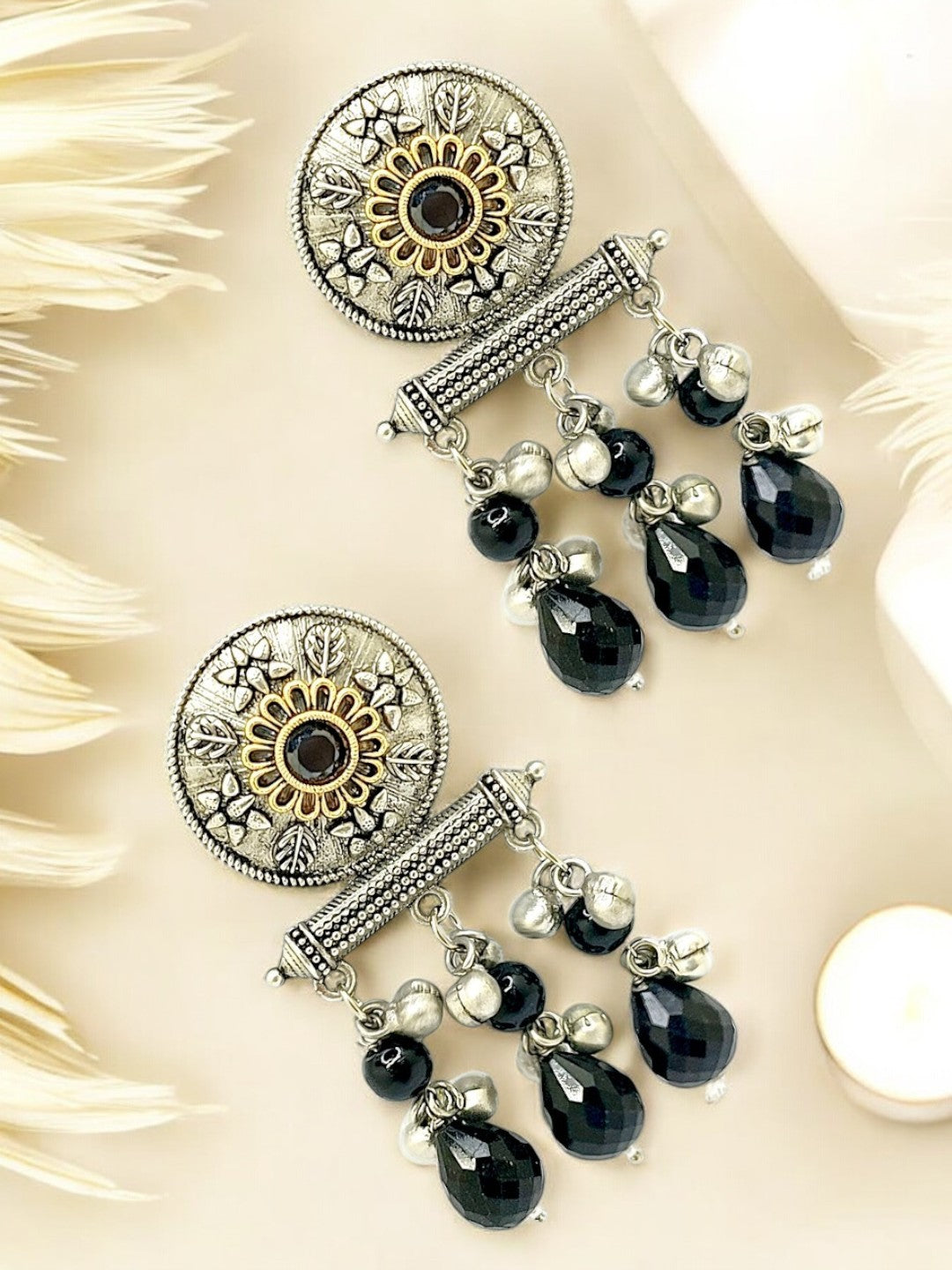 Silver Plated Black Beaded Contemporary Drop Earrings