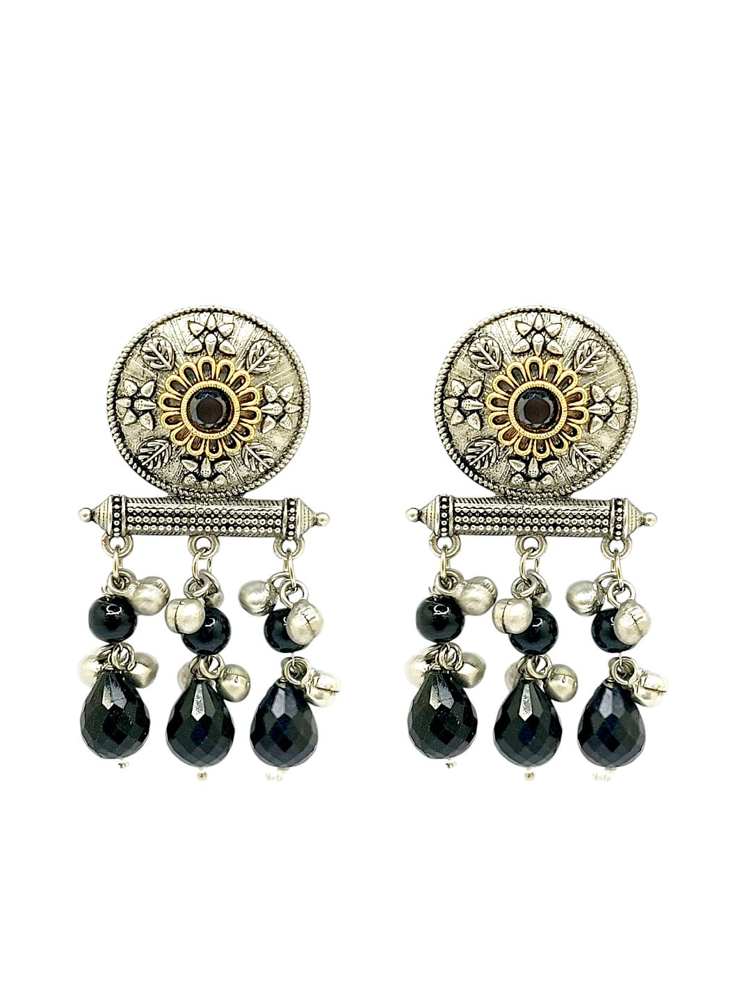 Silver Plated Black Beaded Contemporary Drop Earrings