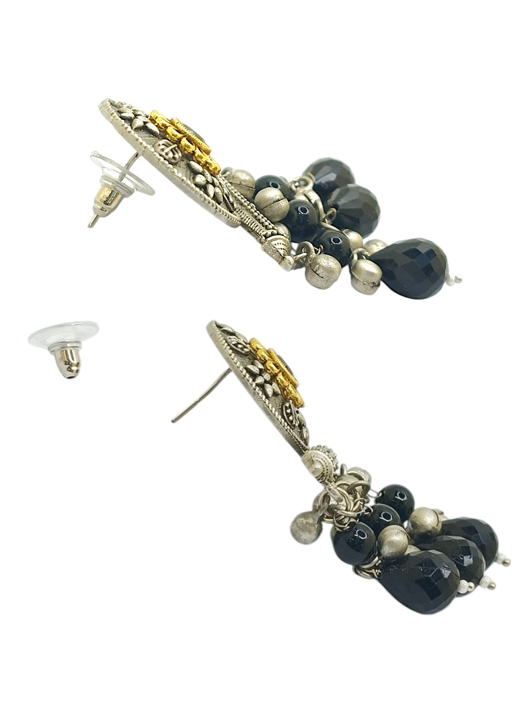 Silver Plated Black Beaded Contemporary Drop Earrings