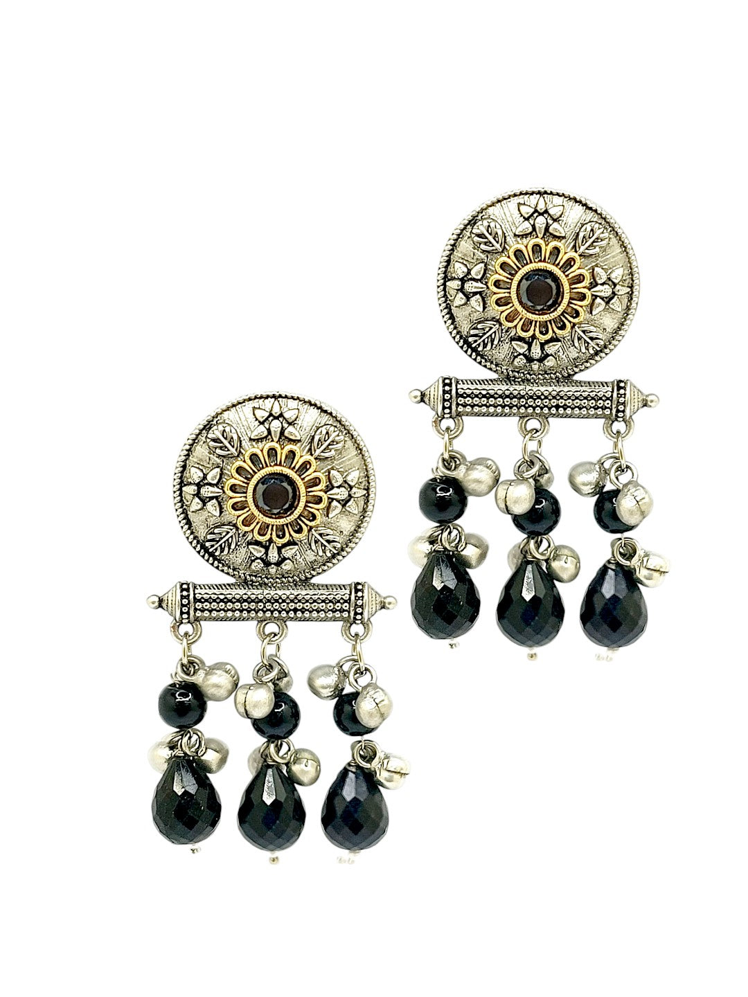 Silver Plated Black Beaded Contemporary Drop Earrings