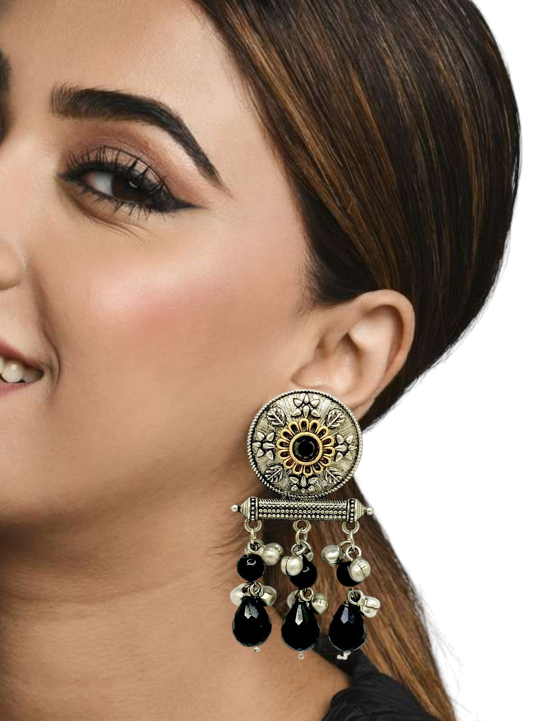 Silver Plated Black Beaded Contemporary Drop Earrings
