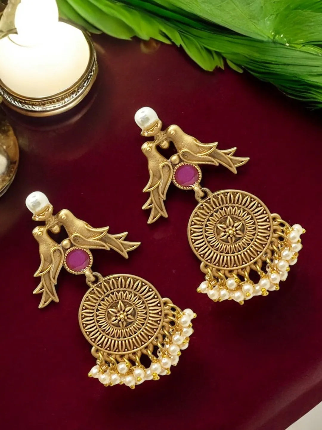 Gold Plated Red Stone Drop Earrings
