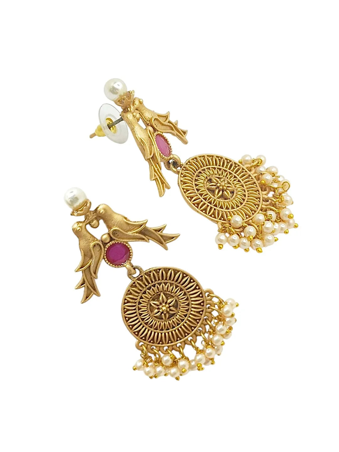 Gold Plated Red Stone Drop Earrings