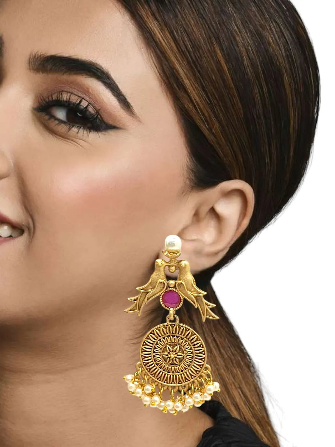 Gold Plated Red Stone Drop Earrings