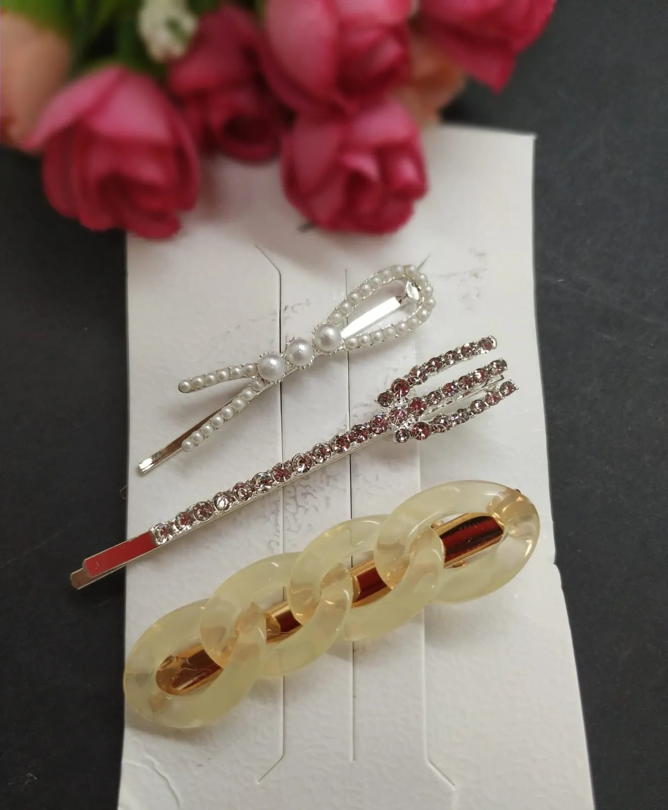 Set of 3 Beads & Stone Studded Hair Clip