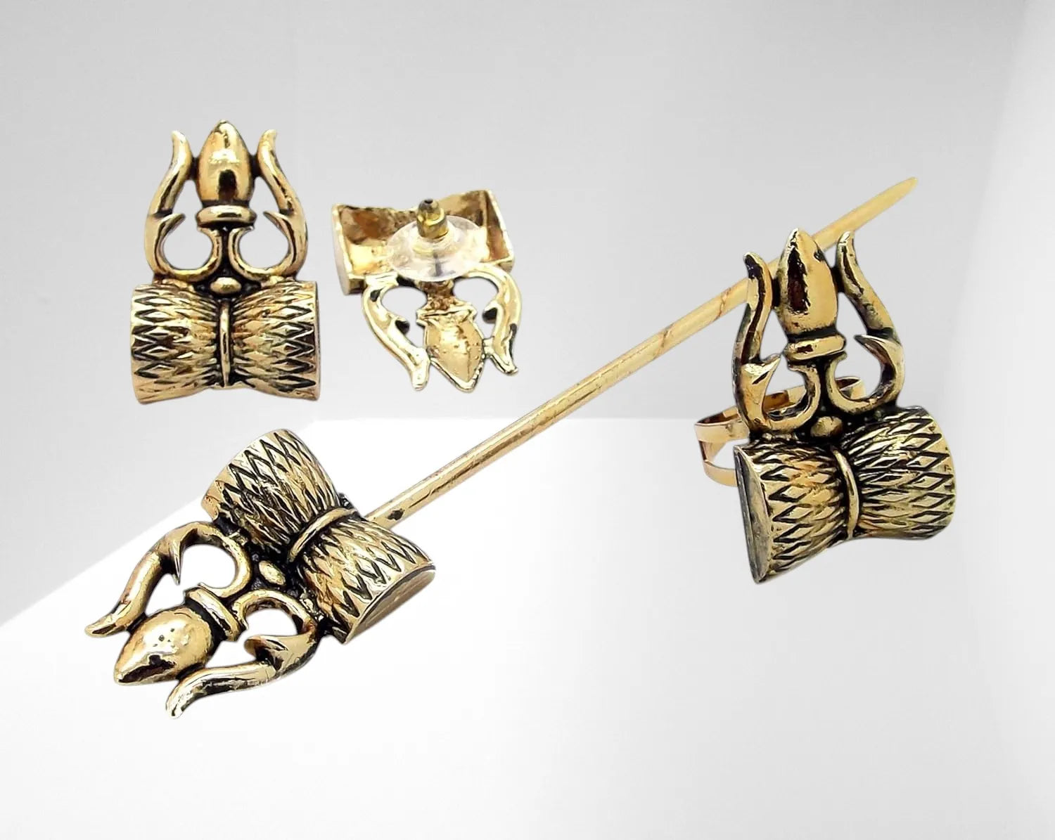 Gold Oxidised spiritual Juda Pin With Earrings and Rings For Women