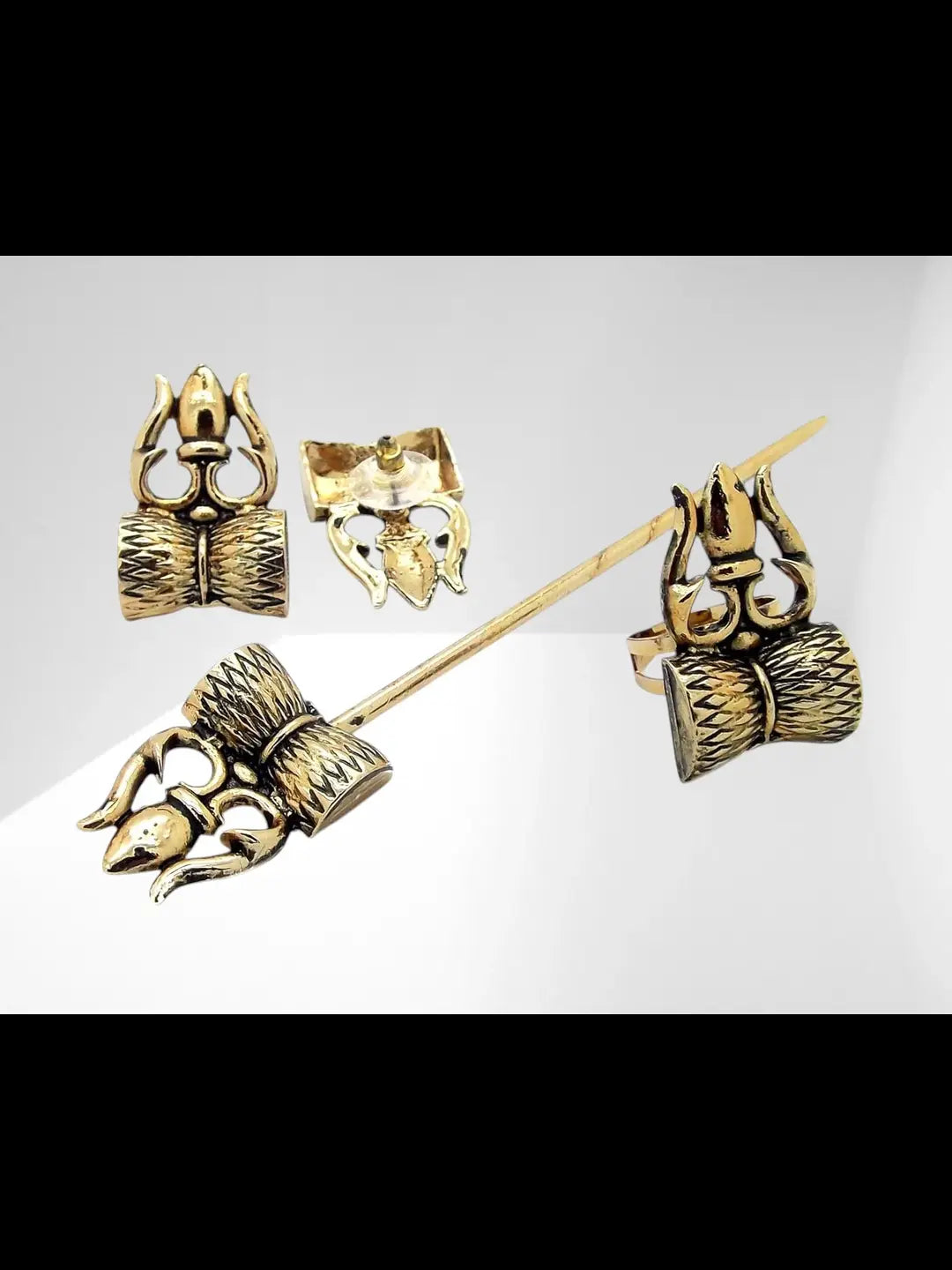 Gold Oxidised spiritual Juda Pin With Earrings and Rings For Women