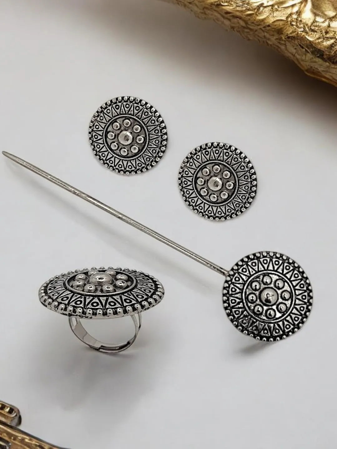 Silver Oxidised Round Design Juda Pin With Earrings and Rings For Women