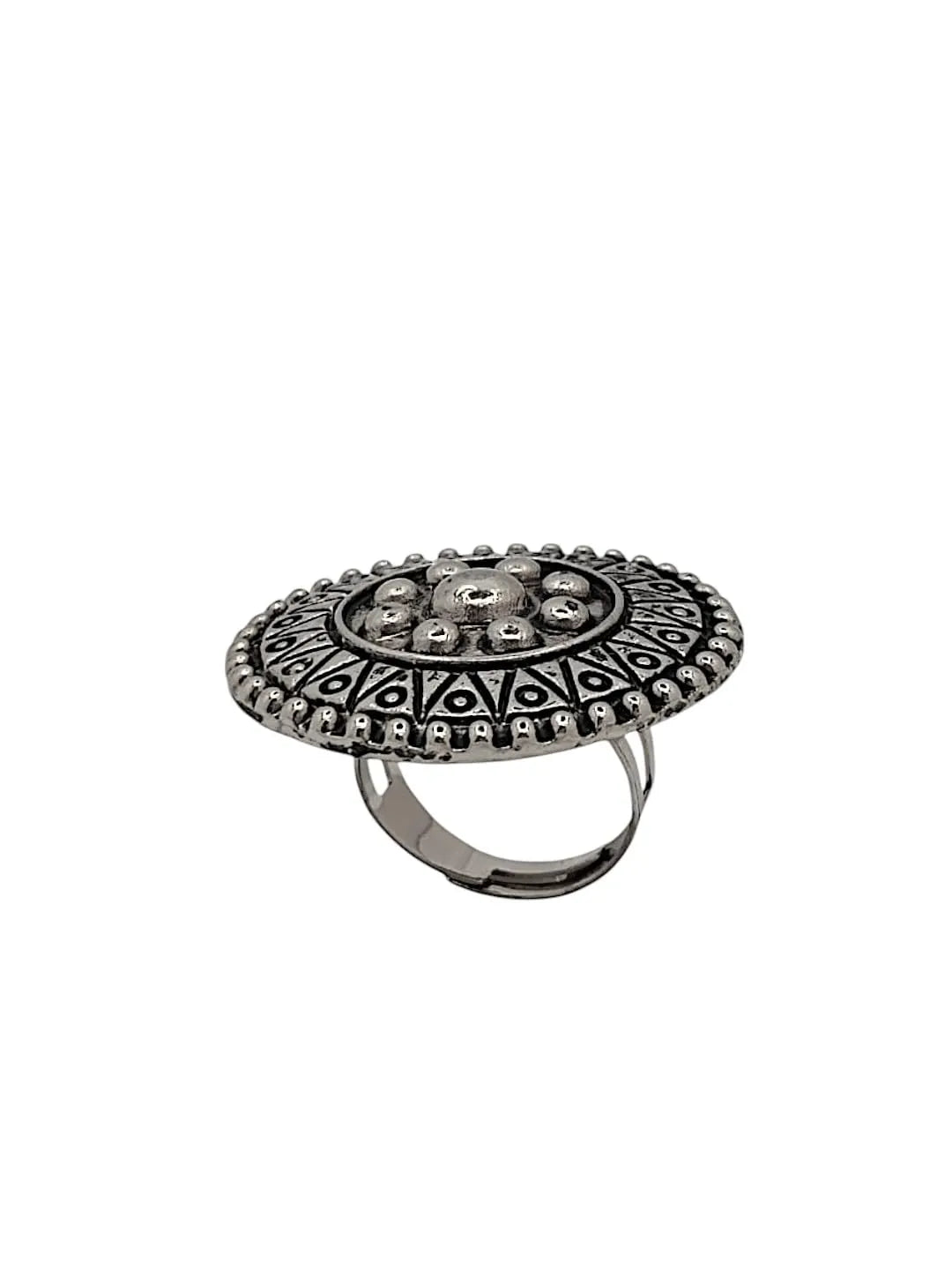 Silver Oxidised Round Design Juda Pin With Earrings and Rings For Women