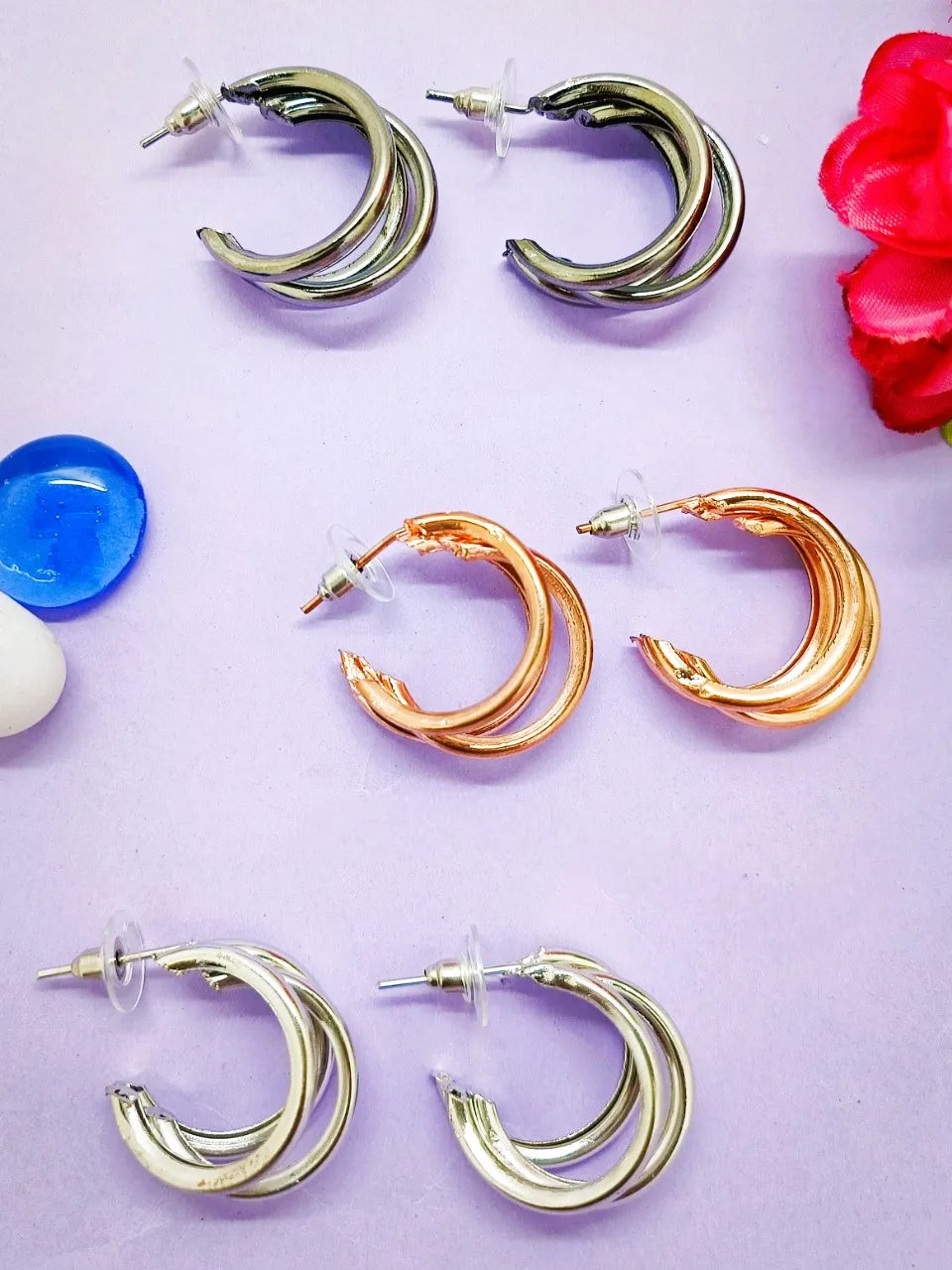 Set Of 3 Silver-Plated Triple Twist Half Hoop Earrings