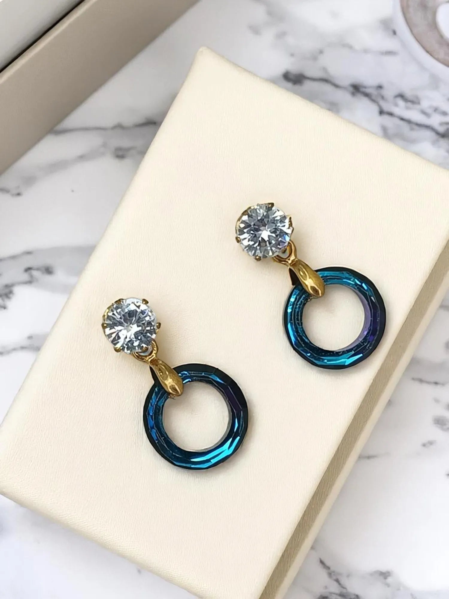 Gold Plated Navy Blue Ring Shape Hoop Earrings