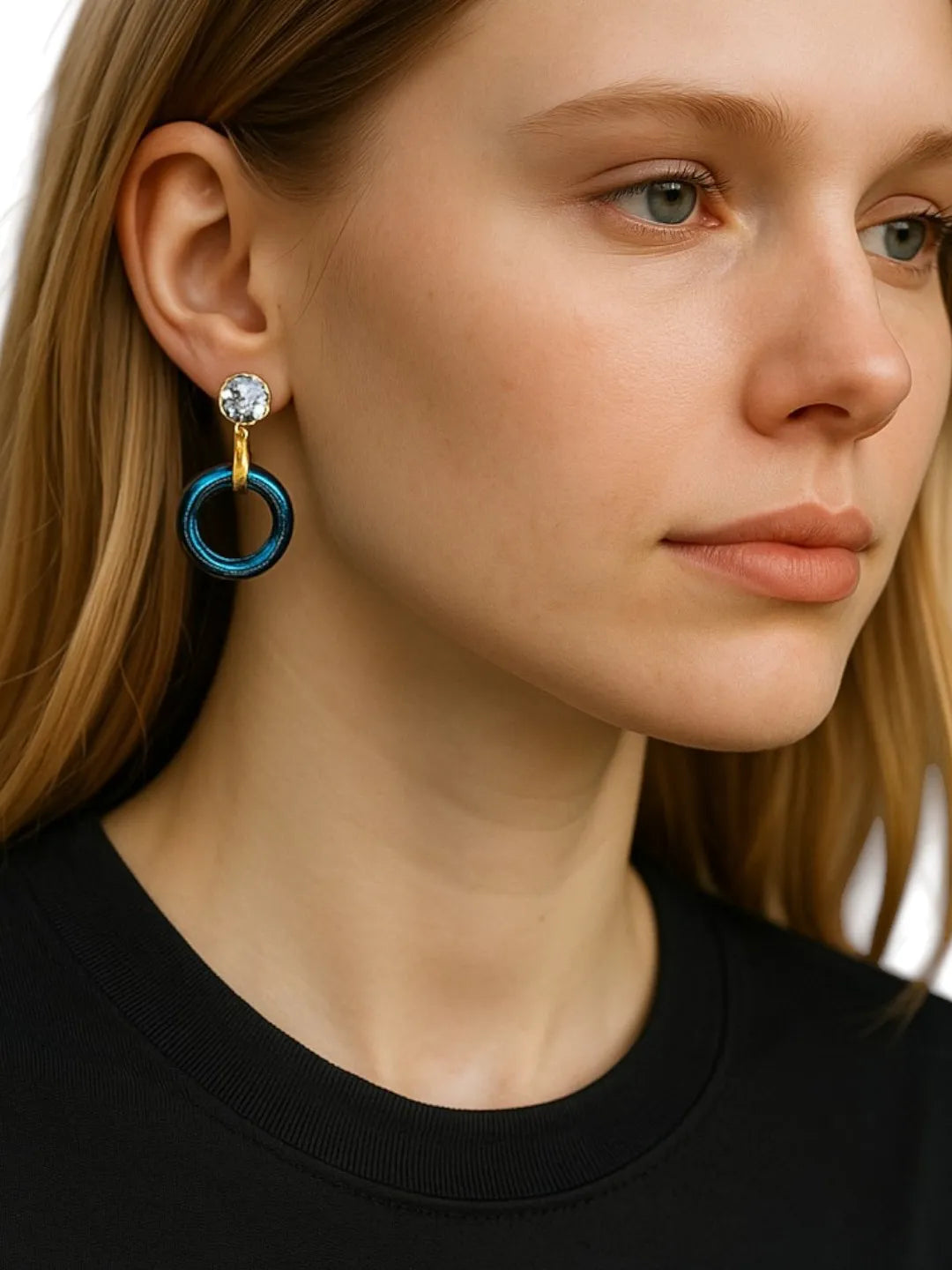 Gold Plated Navy Blue Ring Shape Hoop Earrings