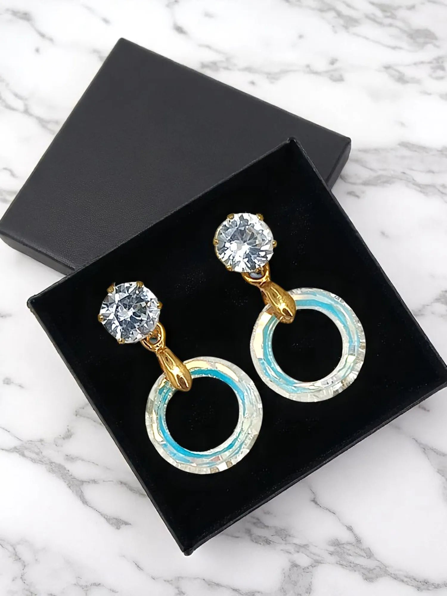 Gold Plated Sky Blue Ring Shape Hoop Earrings