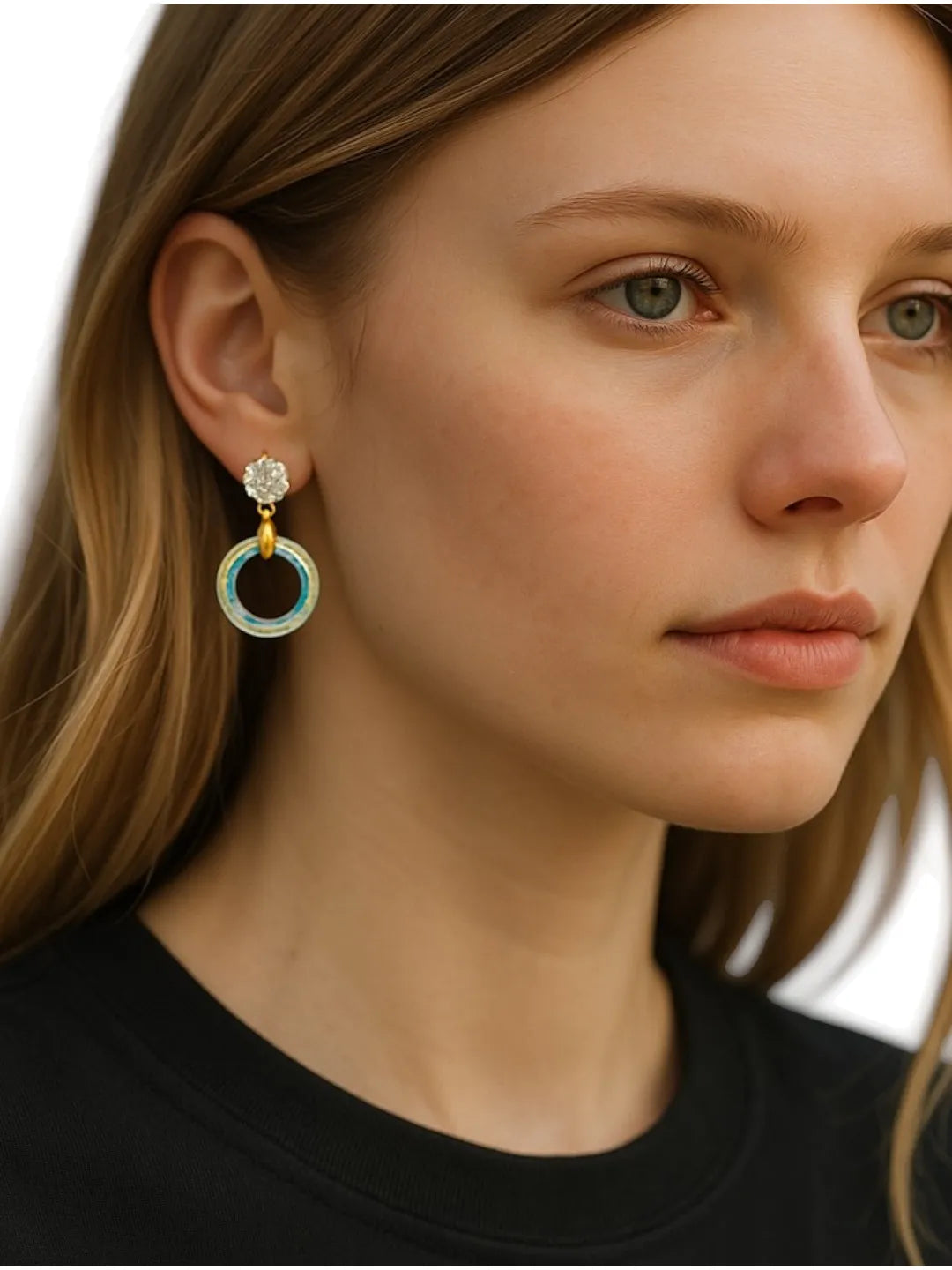 Gold Plated Sky Blue Ring Shape Hoop Earrings