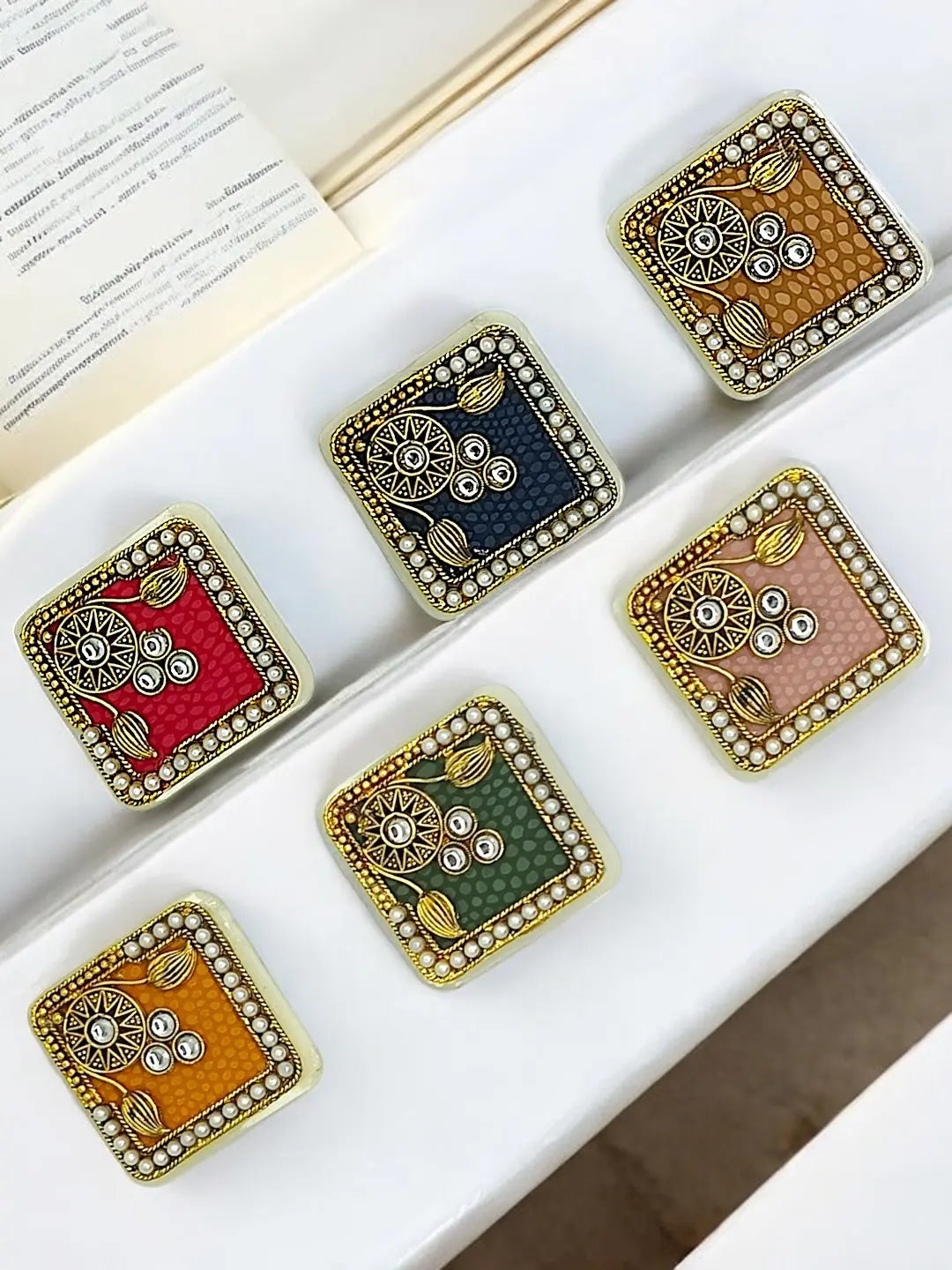Square-Shaped Multicolor Saree Pins with Floral Designs