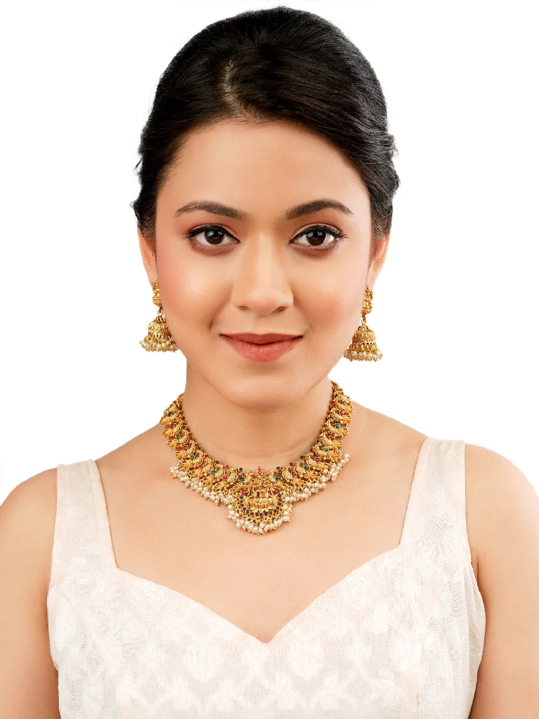 Gold Plated Pearl Choker Temple Necklace Set