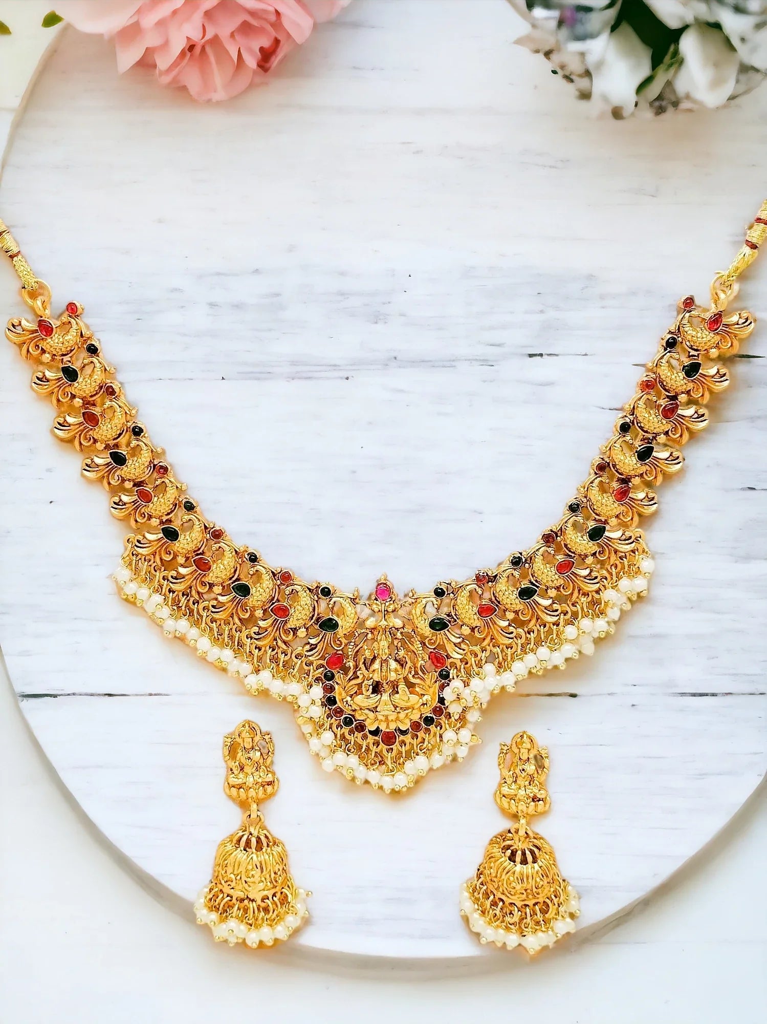 Gold Plated Pearl Choker Temple Necklace Set