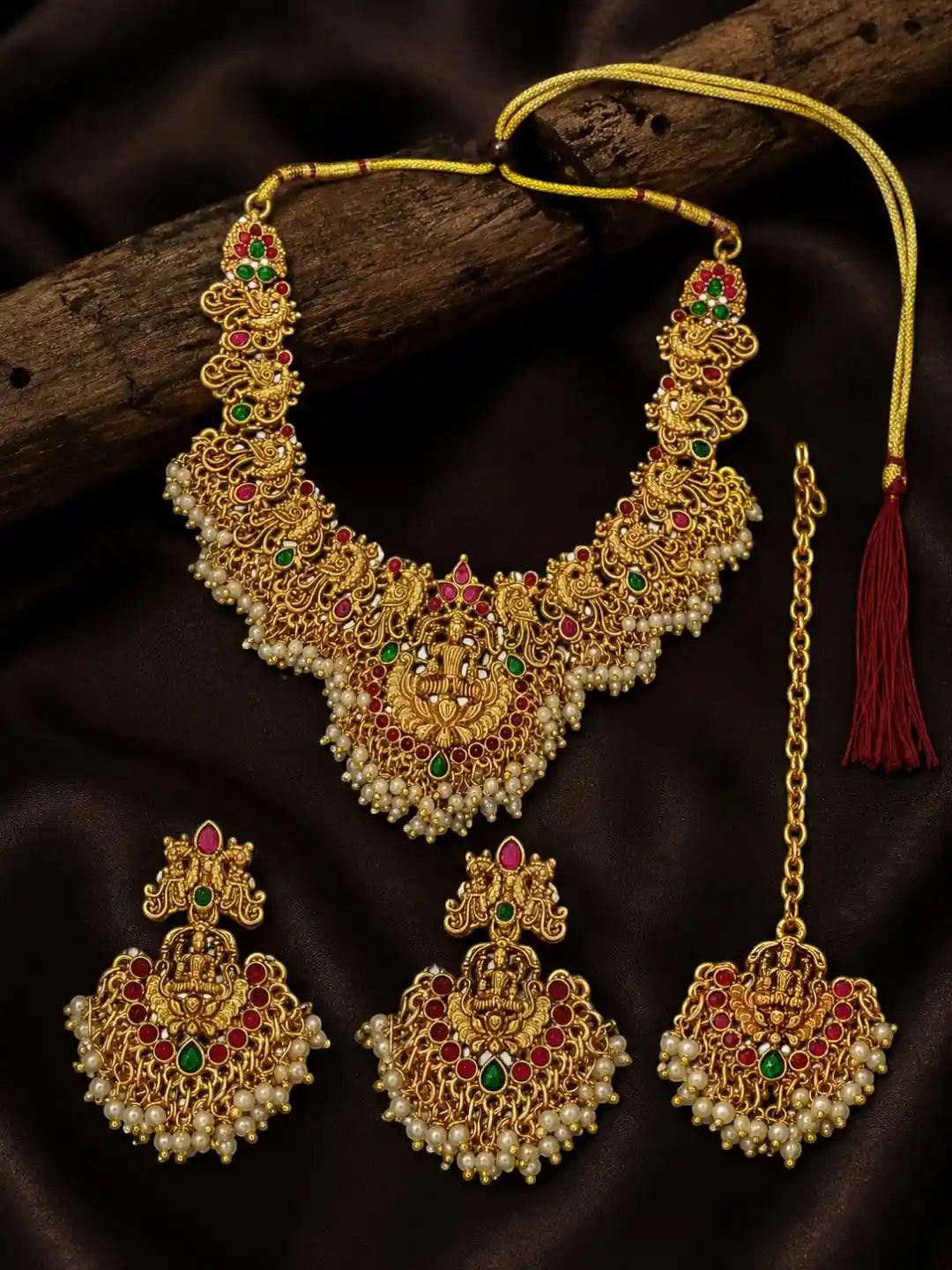 Gold Plated Peacock Temple Design Necklace Set with Earrings & Maang Tikka