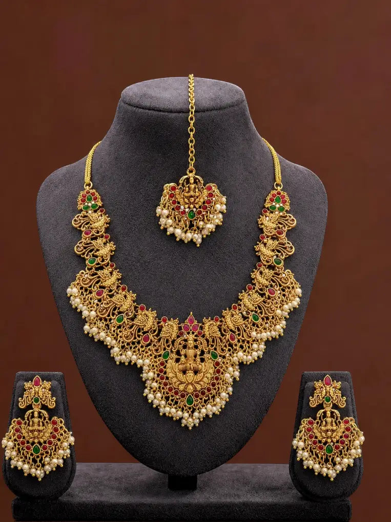 Gold Plated Peacock Temple Design Necklace Set with Earrings & Maang Tikka